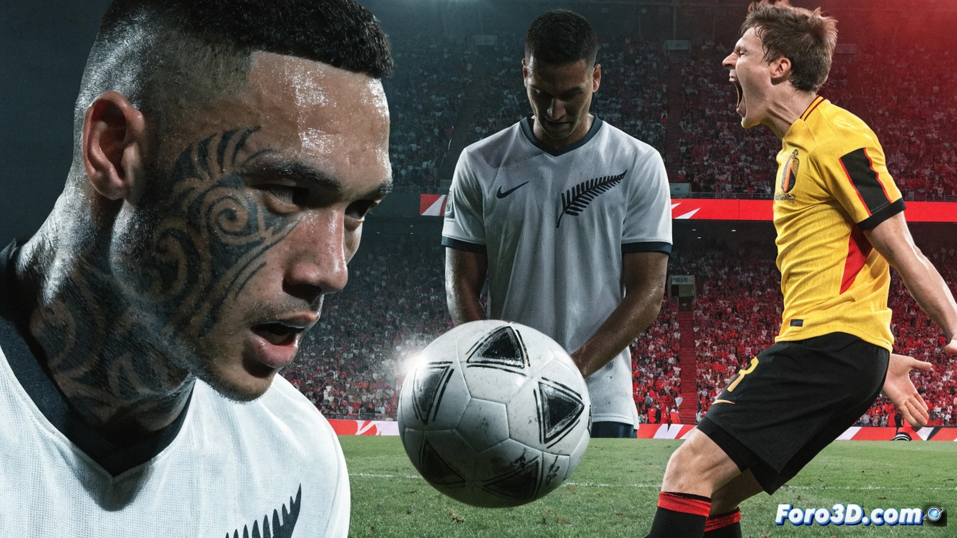 Estadio nocturno con césped iluminado, jugador de Nueva Zelanda en acción celebrando tras anotar gol, balón en red de portería rival, fondo con aficionados ondeando banderas negras con helecho plateado, marcador electrónico mostrando tiempo de descuento, cámara cinematográfica con lente teleobjetivo capturando el instante, luces de estadio creando sombras dramáticas, sudor y césped volando durante el disparo, photorealistic sports photography, alta definición, profundidad de campo reducida, emoción palpable, movimiento congelado en el momento exacto del gol histórico.