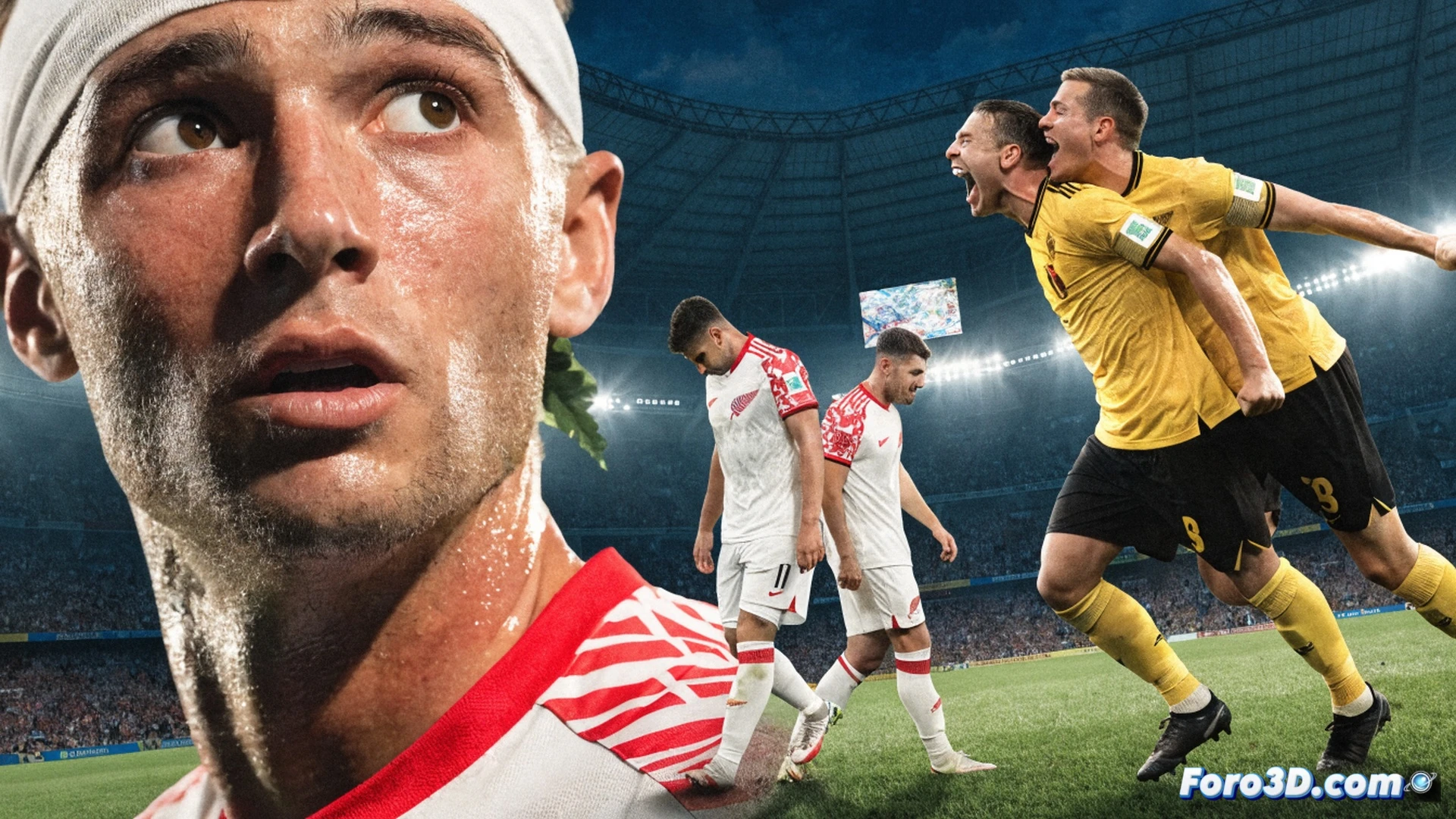 football field during a match, New Zealand player in white jersey stretching to block a powerful shot from Belgium player in red, ball mid-air with motion blur near goalpost, stadium crowd blurred in background, dramatic low-angle view, cinematic sports photography style, photorealistic lighting, sweat droplets visible on players faces, intense facial expressions, grass blades displaced by sliding tackle, dynamic action frozen in time, emotional tension, high-contrast shadows, golden hour sunlight filtering through stadium roof