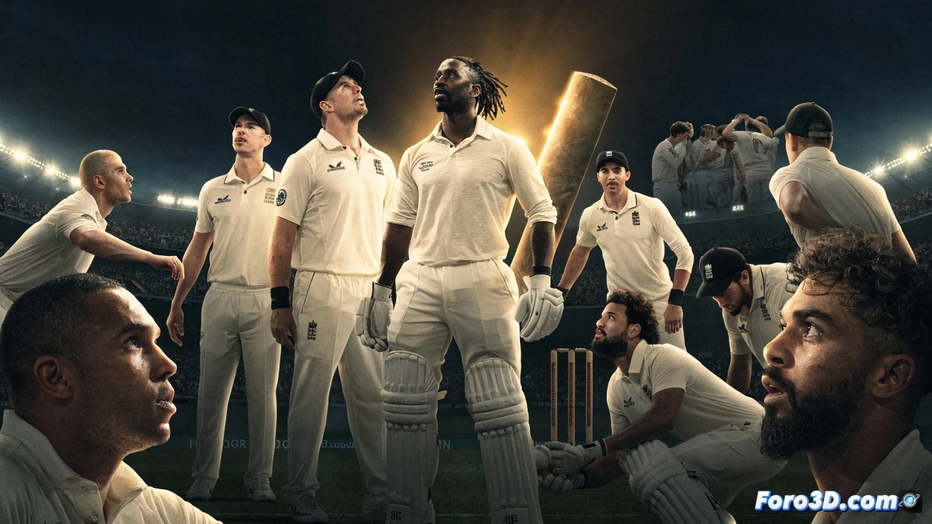 Cricket pitch at Basin Reserve, New Zealand team celebrating victory over England, Darryl Mitchell mid-strike with bat raised after hitting a century, teammates rushing onto field, injured players on sidelines watching with crutches and bandages, worn pitch showing cracks and scuffs, dramatic golden hour sunset lighting, sweat and dirt on players uniforms, exhausted but triumphant expressions, photorealistic sports photography, dynamic action freeze-frame, dust particles floating in air, crowd cheering blurred in background, cinematic wide-angle composition, intense emotional atmosphere, technical sports illustration