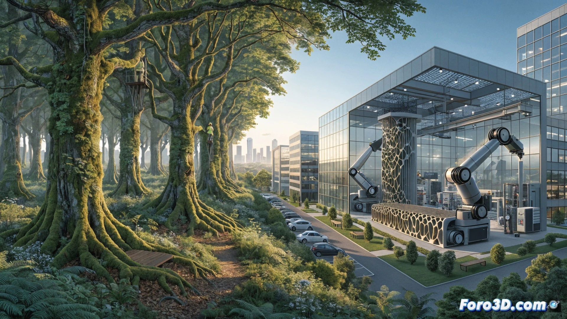 two modern buildings at PCTCAN science park entrance, left side showing Bosques Sostenibles team planting native tree saplings with GPS mapping tablets and soil sensors, right side showing Ratlab 3D engineers operating industrial SLA 3D printers while a large-format FDM printer extrudes a complex lattice structure, resin vats with UV curing, laptop screens displaying slicing software with layer-by-layer visualization, young professionals in safety glasses collaborating, sustainable forestry tools and 3D printed prototypes on shared central table, photorealistic technical illustration, cinematic natural lighting, clean architectural lines, morning sunlight casting shadows, vibrant green and cool blue color palette, ultra-detailed textures on bark and printed polymer, engineering visualization style