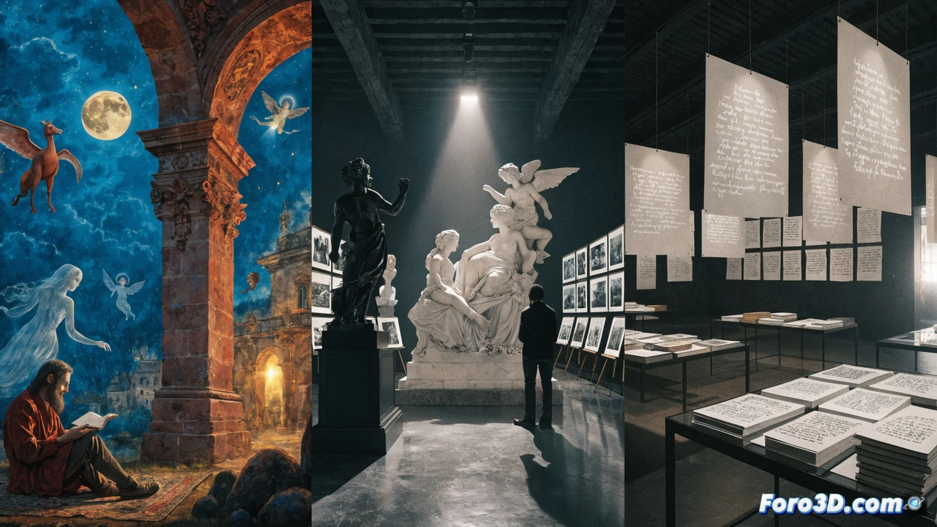 Marc Chagall painting biblical scenes on a canvas in a sunlit Aosta studio, brush strokes mixing blue and gold pigments, open Bible reference book nearby, while Bernini marble bust photographs are displayed on a Milan gallery wall in background, a curator in Rovereto placing a quote card next to a Renaissance painting, soft gallery spotlights, polished stone floors reflecting artwork, cinematic photorealistic style, warm amber lighting, ultra-detailed brush textures and marble veining, dramatic shadows from track lighting, cultural exhibition atmosphere