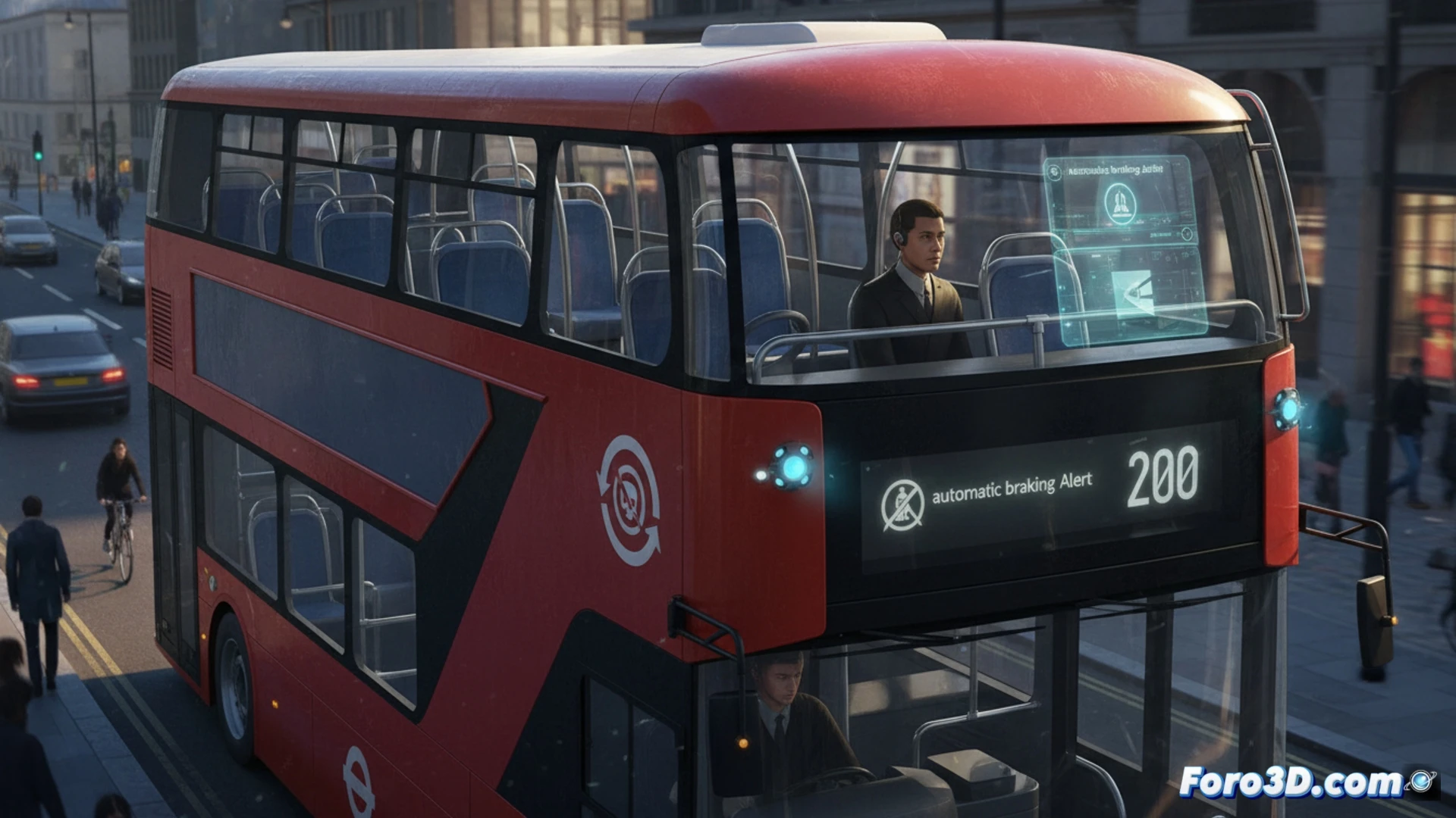 Double-decker London bus interior with folding seat mechanism being demonstrated, driver cabin showing fatigue alert dashboard screen with eye-tracking sensor, automatic emergency braking system activating near a cyclist, front wheel sensor detecting pedestrian on zebra crossing, technical cutaway view of brake calipers and sensors, cinematic engineering visualization, warm amber interior lights contrasting with cool blue exterior streetlamp glow, photorealistic urban safety illustration, motion freeze-frame action, glowing hazard lines on road surface, detailed mechanical components with metallic reflections, high-contrast dramatic lighting