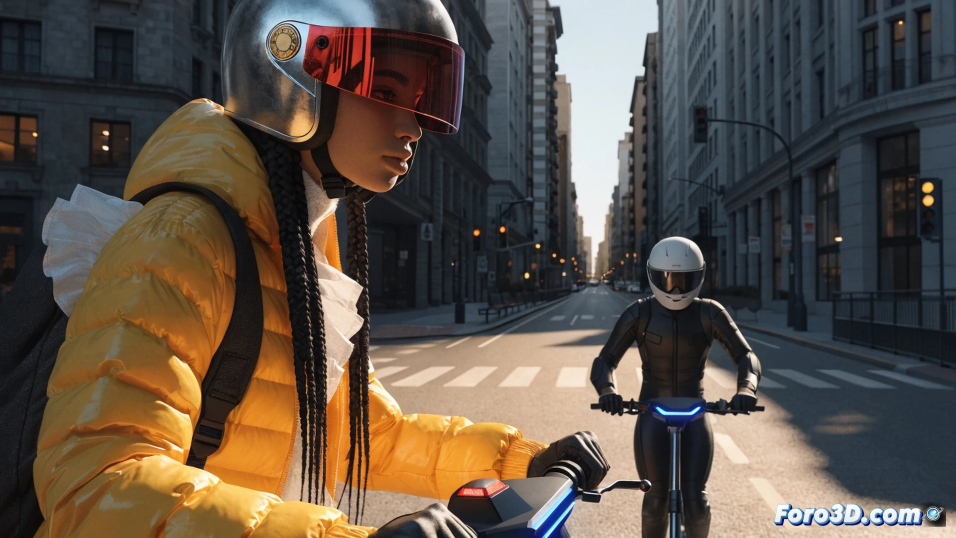 e-scooter rider with mandatory helmet and closed-toe shoes, age verification screen on smartphone showing 15+ minimum, police officer nearby holding a tablet displaying traffic regulation update, action of rider braking to avoid a cyclist being overtaken, road marking lines and urban street environment, cinematic engineering visualization, realistic lighting with afternoon sun casting long shadows, motion blur on wheels, ultra-detailed safety gear textures, technical illustration style with focus on accident prevention elements