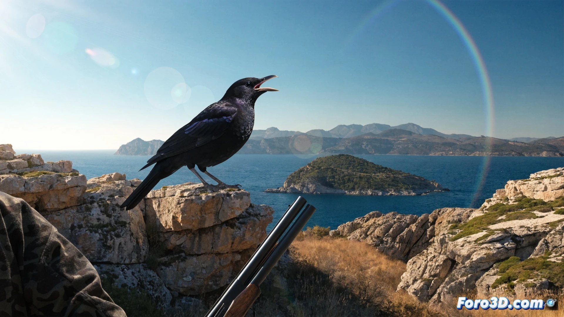 cinematic scene of a hunter in Mallorcan countryside at dawn, holding a shotgun while a flock of thrushes flies over olive trees, a digital tablet strapped to the hunter arm showing a hunting limit counter displaying 18 birds, a rabbit and a wild dove visible in a game bag, dry stone wall in background, soft golden morning light, photorealistic wildlife photography style, detailed textures of feathers and Mediterranean vegetation, dramatic sky with clouds, action of aiming while checking device
