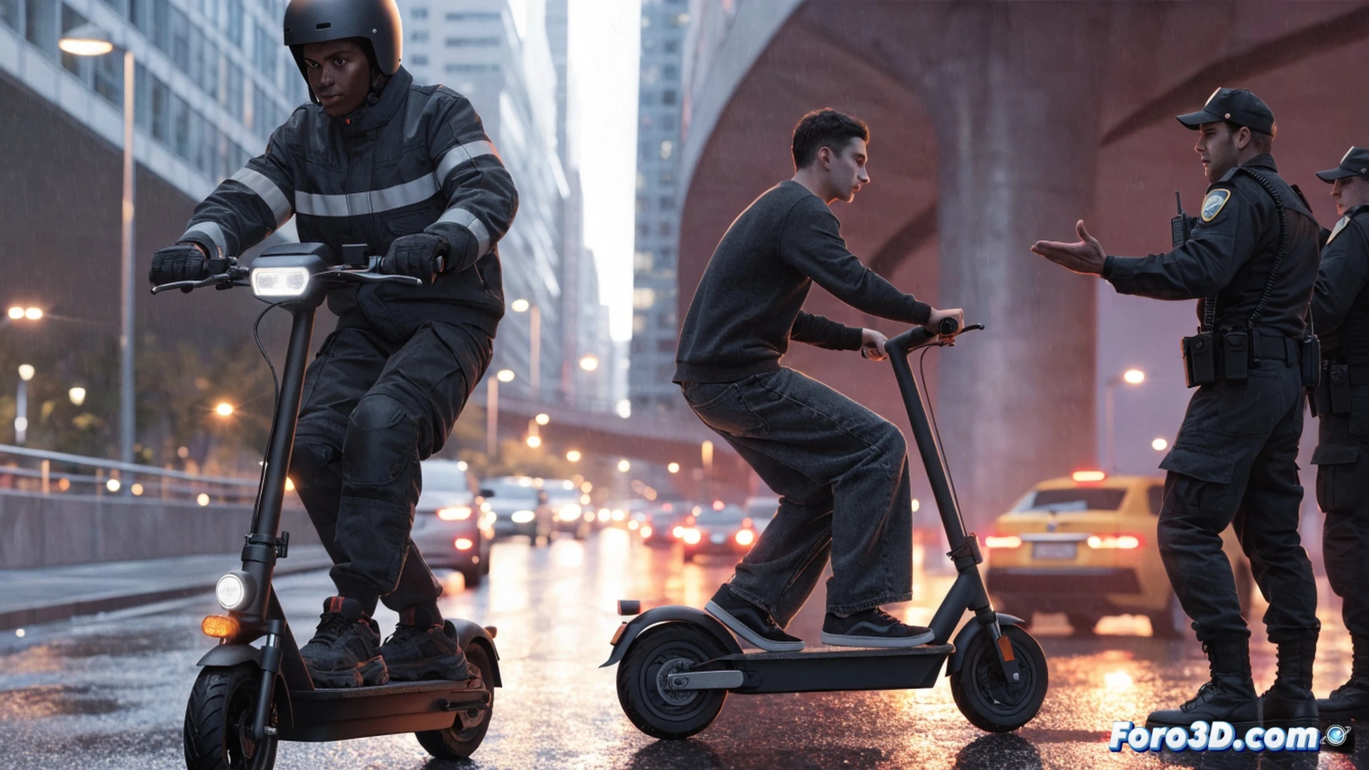 Electric scooter rider braking on wet night street, reflective vest glowing under headlights, mandatory helmet strapped securely, bright LED taillight and headlight illuminated, rain droplets catching light, speedometer display showing 25 km/h limit, asphalt glistening with moisture, urban background with blurred traffic, cinematic photorealistic technical illustration, safety gear highlighted with subtle rim lighting, wet road reflections, dramatic security-focused atmosphere, action freezing moment of compliance enforcement, 3D render quality, ultra-detailed scooter mechanics and brake calipers