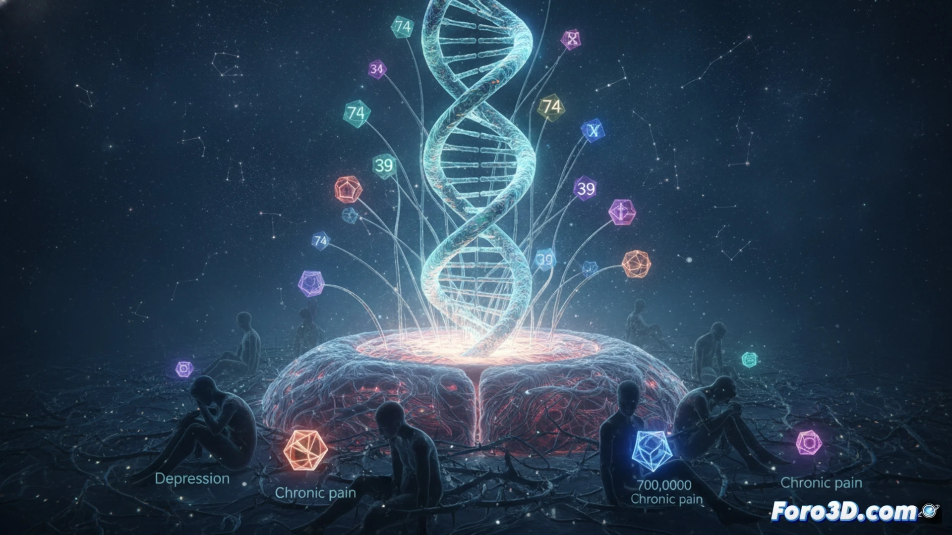 DNA helix strands morphing into tangled neural networks inside a translucent human brain, glowing red and blue nodes pulsing with anxiety-linked gene variants, microscope lenses and robotic pipettes in background processing 700k DNA samples, cinematic biomedical visualization, dark laboratory atmosphere with soft volumetric lighting, photorealistic molecular structures, intricate double-helix details, particles of light tracing connections between genetic markers and brain activity zones, ultra-detailed scientific illustration
