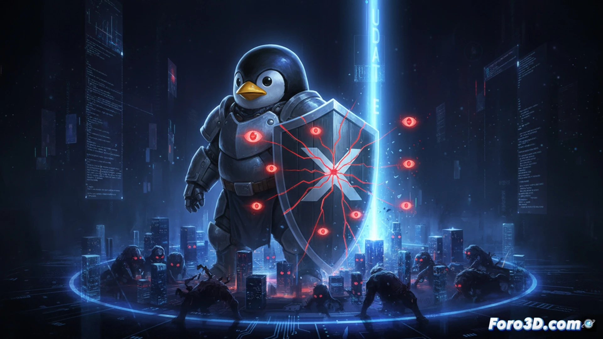 X.Org and XWayland server architecture being exploited by nine glowing red vulnerability nodes, a robotic arm with Trend Micro AI branding injecting malicious code into a Linux desktop environment, kernel memory regions shown as exposed circuits, a terminal screen displaying a sudo update command, cinematic cybersecurity visualization, dark blue and red lighting, holographic data streams, technical illustration style, ultra-detailed motherboard traces, dramatic industrial lighting, photorealistic security render