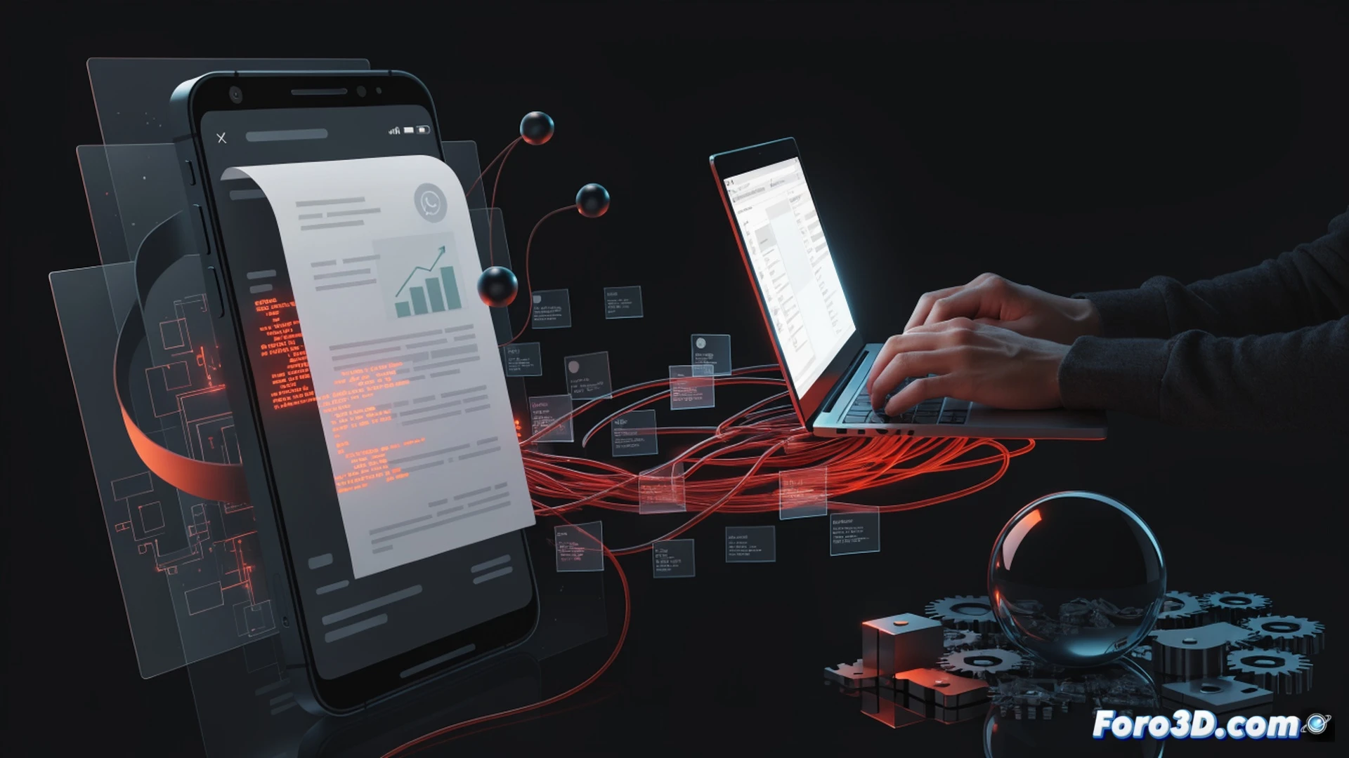 Smartphone screen displaying a WhatsApp chat with a fake PDF document attachment, a glowing red warning icon appearing over the file, malicious ManageEngine remote control software installation process visualized as digital data streams entering the device, background shows a shadowy hacker silhouette, cinematic cyber-security visualization, photorealistic dark mode interface, dramatic blue and red lighting, ultra-detailed screen glare and reflection, technical threat illustration