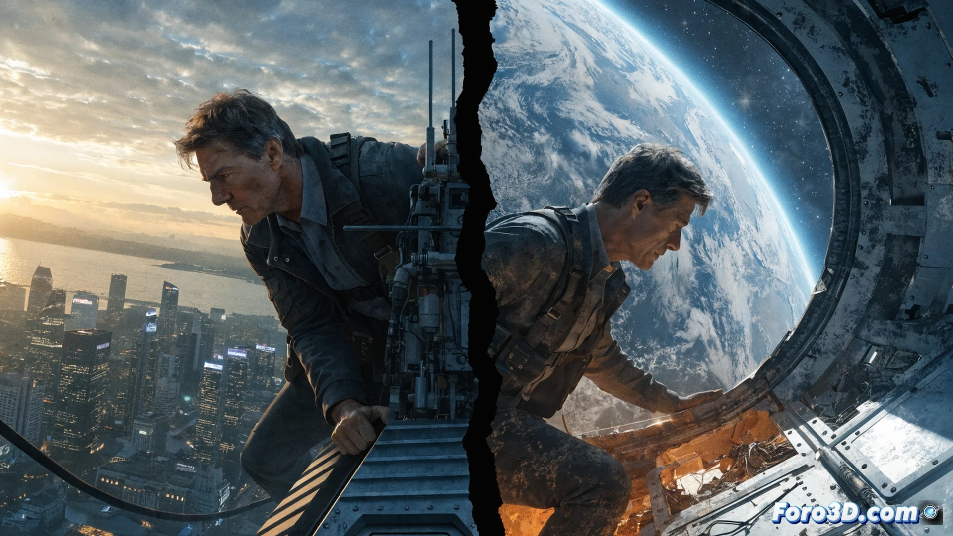 Tom Cruise character standing on a cracked city street, staring at a holographic globe showing red crisis zones, personal digital assistant device glitching in his hand, background showing chaotic urban skyline with smoke and emergency lights, cinematic photorealistic engineering visualization, dramatic dusk lighting, lens flare from hologram, ultra-detailed facial expression showing internal conflict, metallic debris scattered around, realistic textures on concrete and glass, action-staged pose during global threat assessment