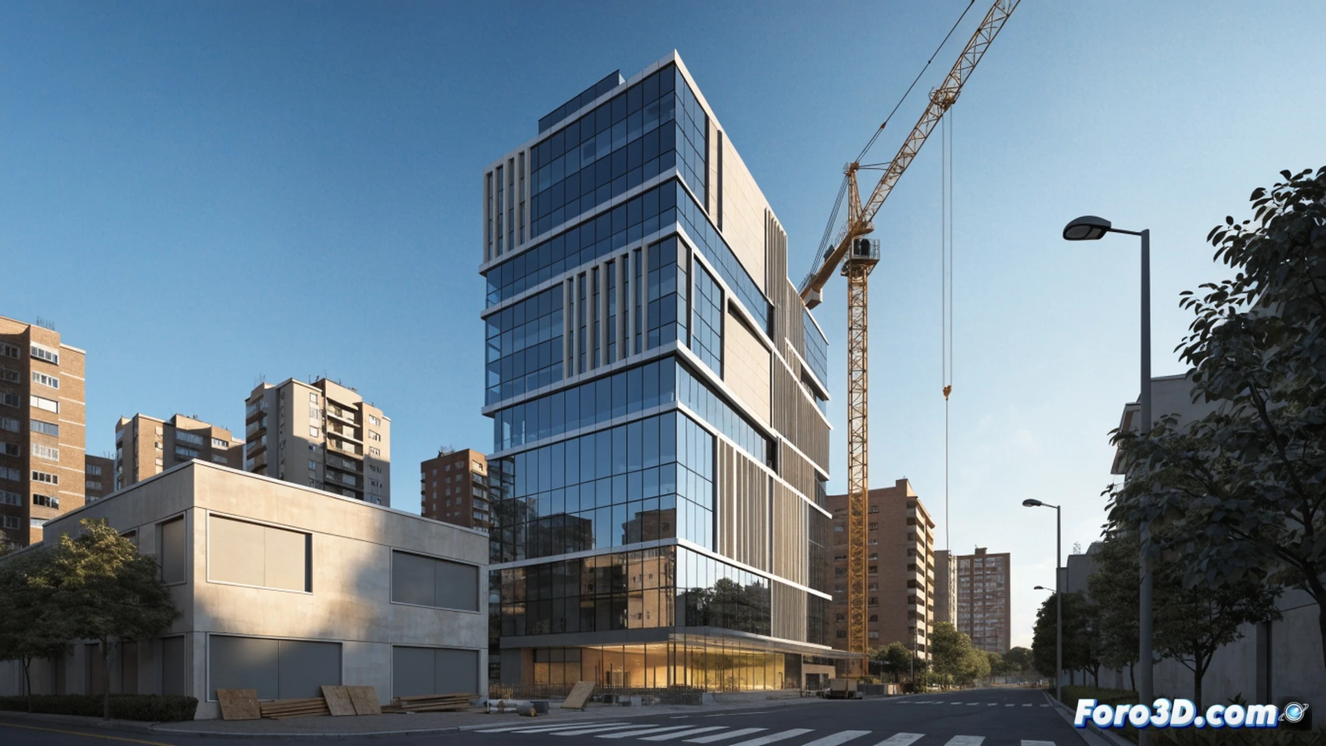 new health center construction site in Mestalla, eight-story concrete building framework rising, workers installing steel reinforcement bars and pouring concrete for upper floors, excavator moving earth near foundation pit, scaffolding wrapping partially completed facade, crane lifting prefabricated panels, medical equipment crates stacked on ground floor, hard-hat technicians reviewing blueprints, dust particles floating in sunlight, photorealistic architectural visualization, dramatic afternoon shadows, high-contrast industrial lighting, ultra-detailed construction materials, realistic urban setting with adjacent residential buildings