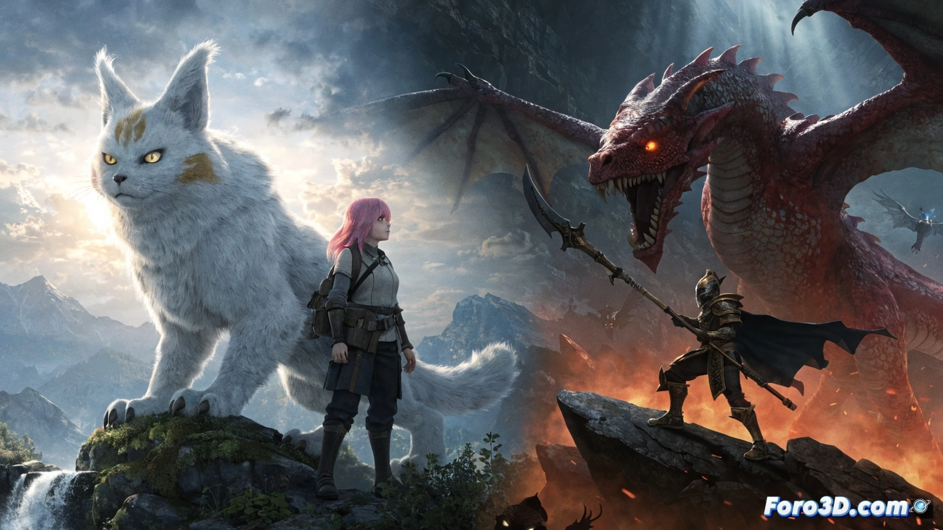 Monster Hunter Stories 3 gameplay split screen, left side showing Rudy the cat character exploring a glowing cave with ancient ruins, right side displaying a fierce armored monster with glowing red eyes charging through a rocky arena, player character dodging with a weapon drawn, during a boss battle, cinematic action scene, dynamic lighting from monster attacks casting shadows, dust particles flying, realistic fur textures on Rudy, detailed monster scales and armor, photorealistic fantasy render, dramatic sunset sky visible through cave entrance, motion blur on combat moves, ultra-detailed environment with interactive elements