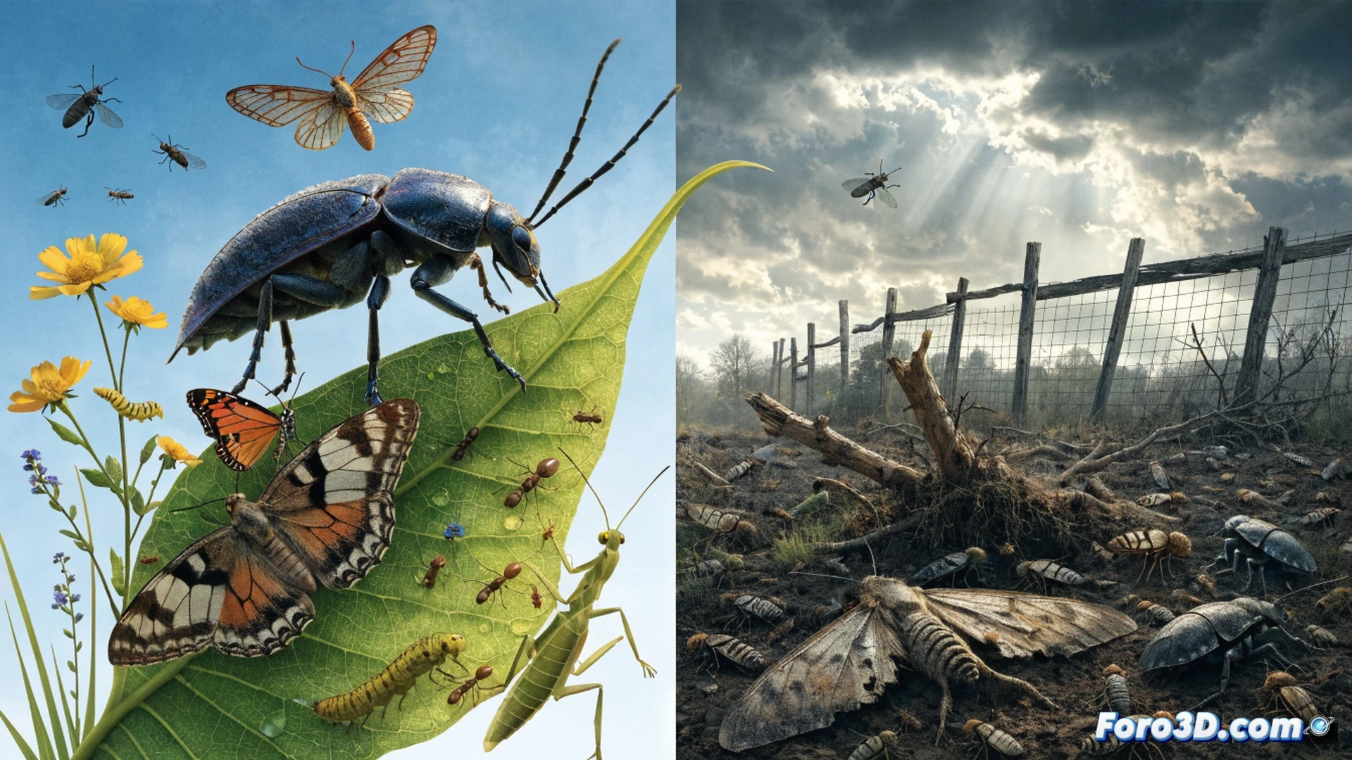aerial view of a dense tropical rainforest canopy being digitally scanned by a swarm of tiny drone-mounted laser sensors, each drone emitting intersecting green grid lines while hovering above foliage, millions of insect silhouettes emerging as glowing data points on a holographic projection floating above a field laptop, half of the rainforest canopy dissolving into gray dead patches on one side, photorealistic technical illustration, cinematic environmental lighting, ultra-detailed insect shapes in the hologram, contrast between lush green and decay, scientific visualization style
