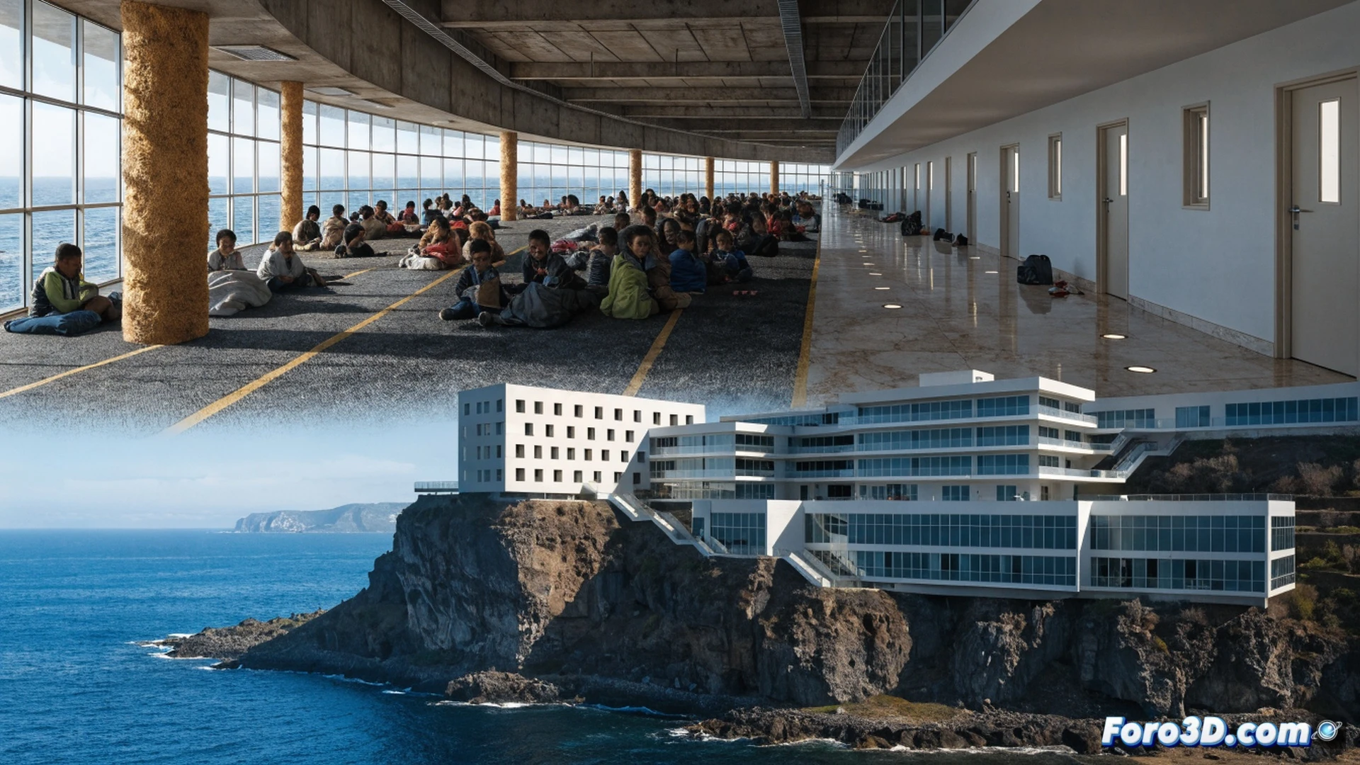 Vista aérea de un centro de acogida modular en construcción en Canarias, trabajadores instalando paneles solares y sistemas de climatización en contenedores blancos apilados, grúas moviendo módulos prefabricados mientras vehículos de suministro descargan camas y mobiliario técnico, fondo de paisaje volcánico con océano Atlántico, luz natural de mediodía, estilo photorealistic architectural visualization, demostrando proceso de ampliación de infraestructura humanitaria, texturas metálicas y plásticas detalladas, sombras nítidas, cielo despejado con nubes dispersas