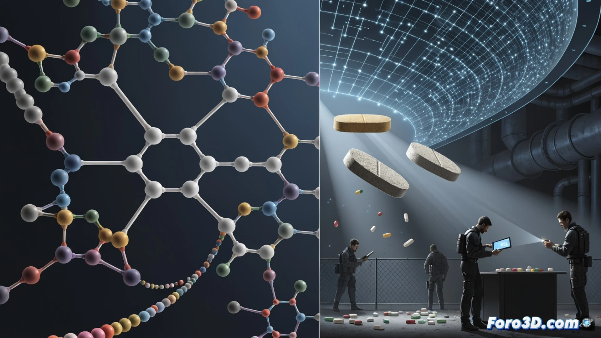 fentanyl variant detection process, laboratory scientist in hazmat suit using portable mass spectrometer to analyze suspicious pills on sterile metal table, glowing molecular structures projected as holographic overlay from device screen, chemical compound identification algorithm running in real-time, blue and red spectral lines tracing unknown opioid variants, police evidence bags with counterfeit pills in background, ultra-detailed scientific equipment, focused dramatic lighting on sample tray, photorealistic technical illustration, cinematic depth of field, urgent public safety context