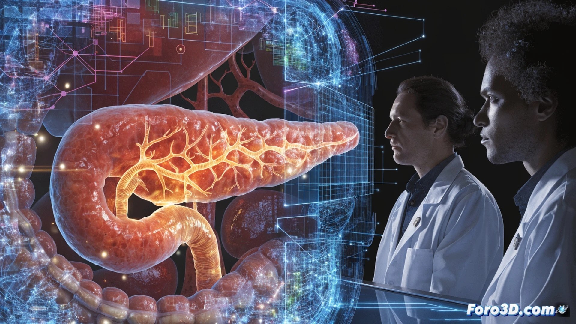 Medical researchers analyzing a glowing 3D holographic pancreas model with early-stage tumor highlighted in red, surrounded by floating epidemiological data graphs and DNA helix structures, IDIBELL scientists pointing at a digital dashboard showing survival rate increase, modern laboratory setting with blue LED lighting, photorealistic technical visualization, sharp focus on holographic organ and data streams, soft ambient light from monitors, clean sterile environment, detailed medical equipment in background, cinematic composition with depth of field