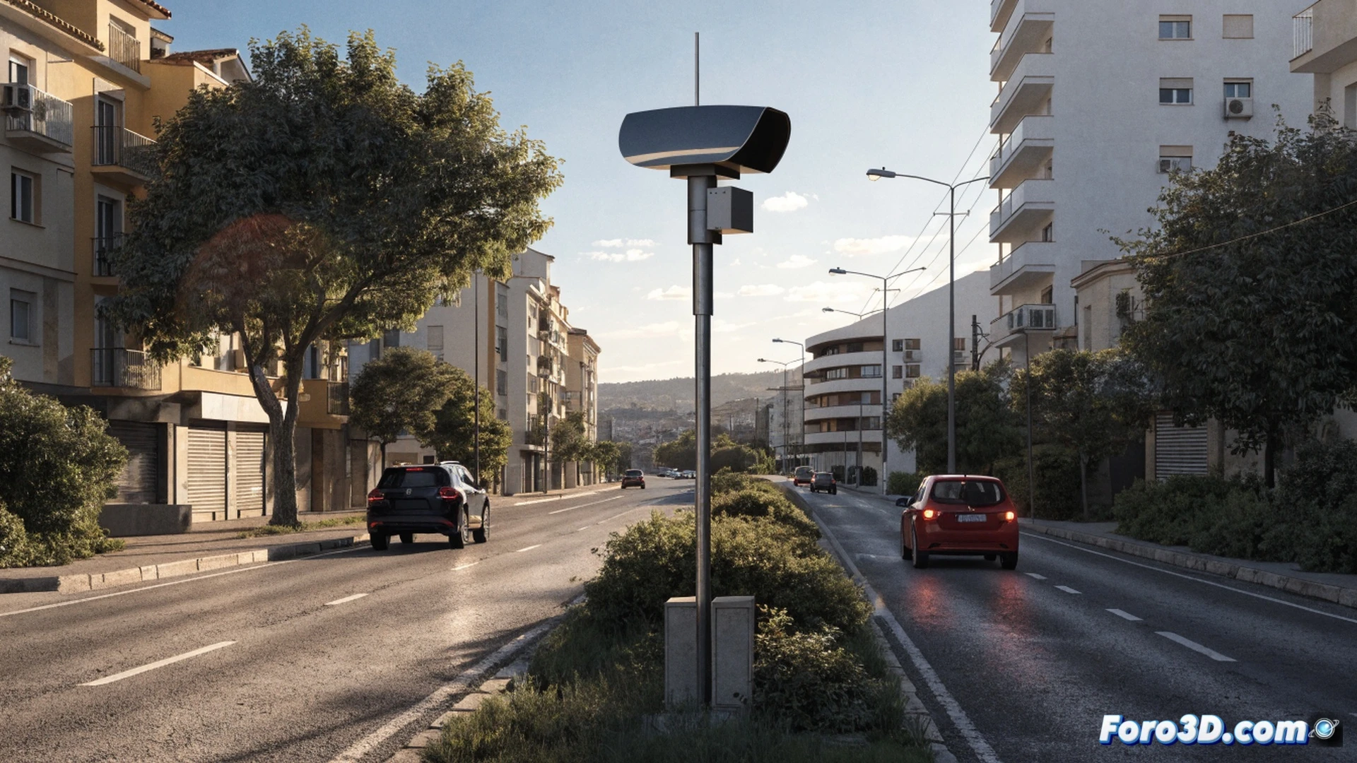 Radar de velocidad en carretera urbana durante obras de reforma, señal de límite 50 km/h iluminada, coches reduciendo velocidad al acercarse al dispositivo, cámara de radar gris montada en poste metálico, asfalto recién pavimentado con marcas viales frescas, conos naranjas y barreras de obra en los bordes, operarios trabajando en aceras y farolas modernas, atardecer naranja con sombras alargadas, estilo cinematográfico fotorrealista, textura detallada del asfalto y metal, iluminación dramática de baja altura