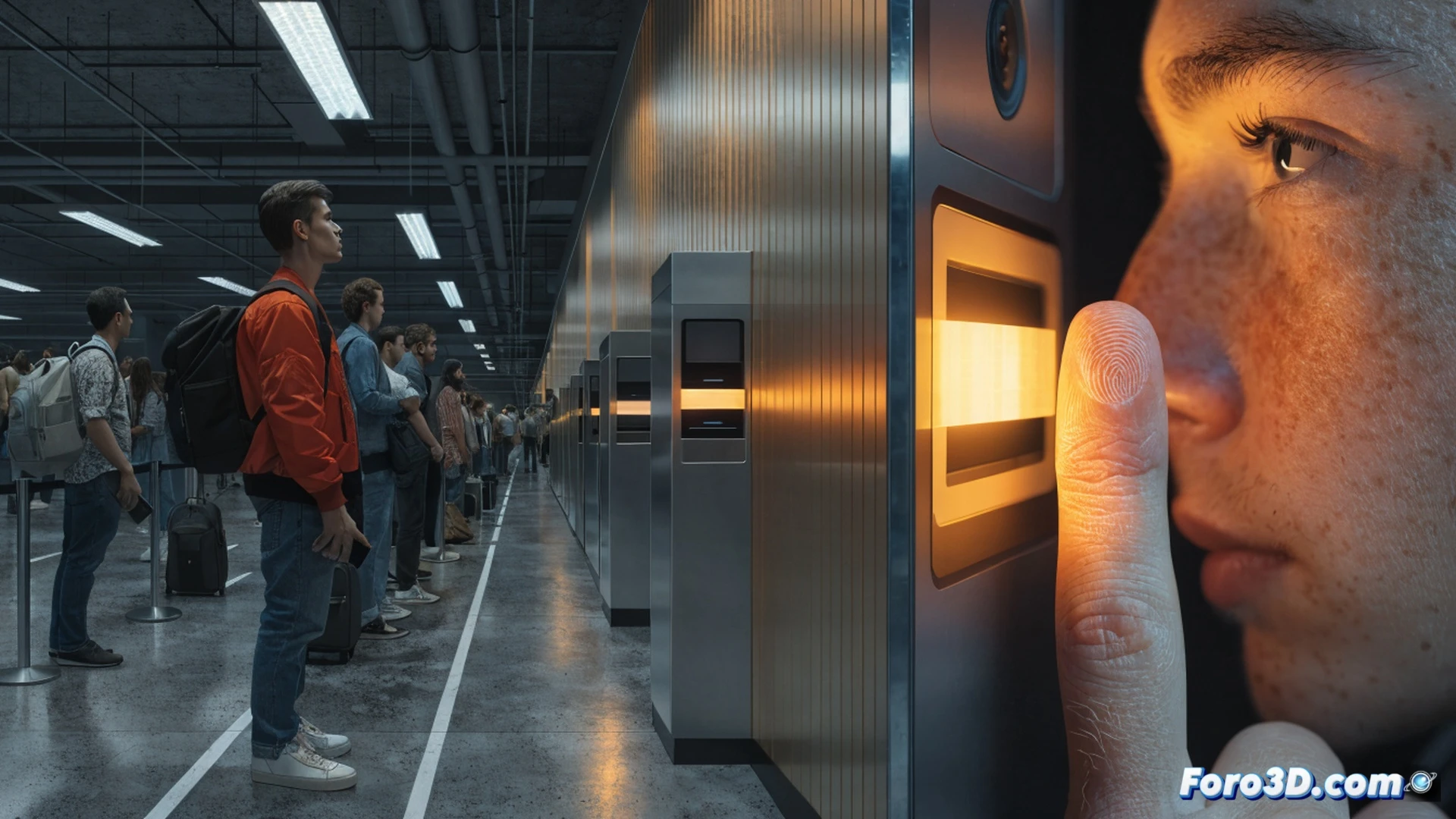 Photorealistic technical illustration of a modern EU airport terminal hall, non-EU travelers queuing at automated EES biometric kiosks, a passenger placing fingertips on a scanner while a camera captures facial recognition, passport held open without stamp, digital screen showing biometric data processing, long wait lines stretching through glass barriers, airport signage indicating Schengen exit control, cold blue-white institutional lighting, polished floor reflections, travelers showing frustration, luggage scattered, cinematic wide-angle shot, ultra-detailed metal kiosk surfaces, glowing LED indicators, motion blur in crowd, futuristic border control atmosphere