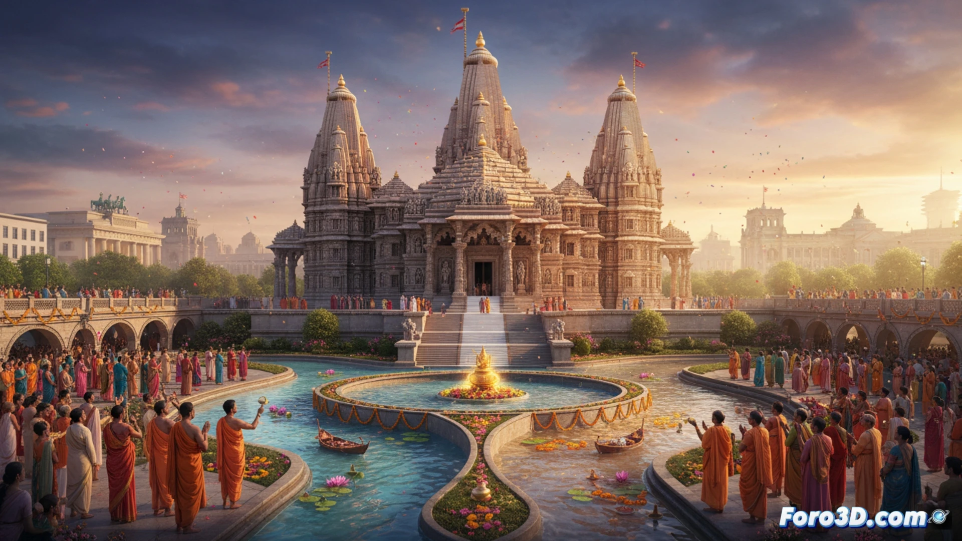 Templo hindú de piedra arenisca blanca en Berlín, torre central shikhara con agua del Ganges y Spree vertiéndose simultáneamente sobre su cúpula durante ceremonia, sacerdotes en túnicas naranjas realizando el ritual, agua cayendo en cascada sobre tallas de deidades, reflejos del río Spree al fondo, edificios berlineses modernos en horizonte, estilo cinematográfico fotorrealista, iluminación dorada del atardecer, vapor de agua brillando con luz ambiental, texturas de piedra detalladas, escena espiritual y arquitectónica, alta definición técnica.