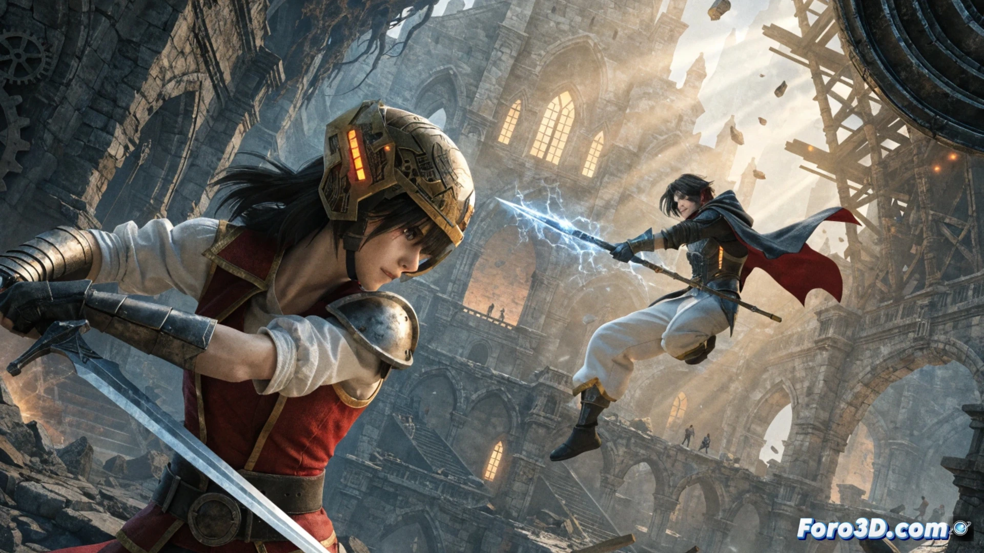 Aincrad castle floating in the sky at sunset, a player character in customized armor wielding a glowing sword mid-combat against a digital enemy, particle effects from a skill activation, interface elements like health bars and cooldown indicators fading into the background, PlayStation 5 controller and Xbox controller resting on a desk in foreground, cinematic game trailer composition, photorealistic lighting, metallic reflections on armor, motion blur during action sequence, dramatic lens flare, ultra-detailed fantasy architecture, technical game render style.