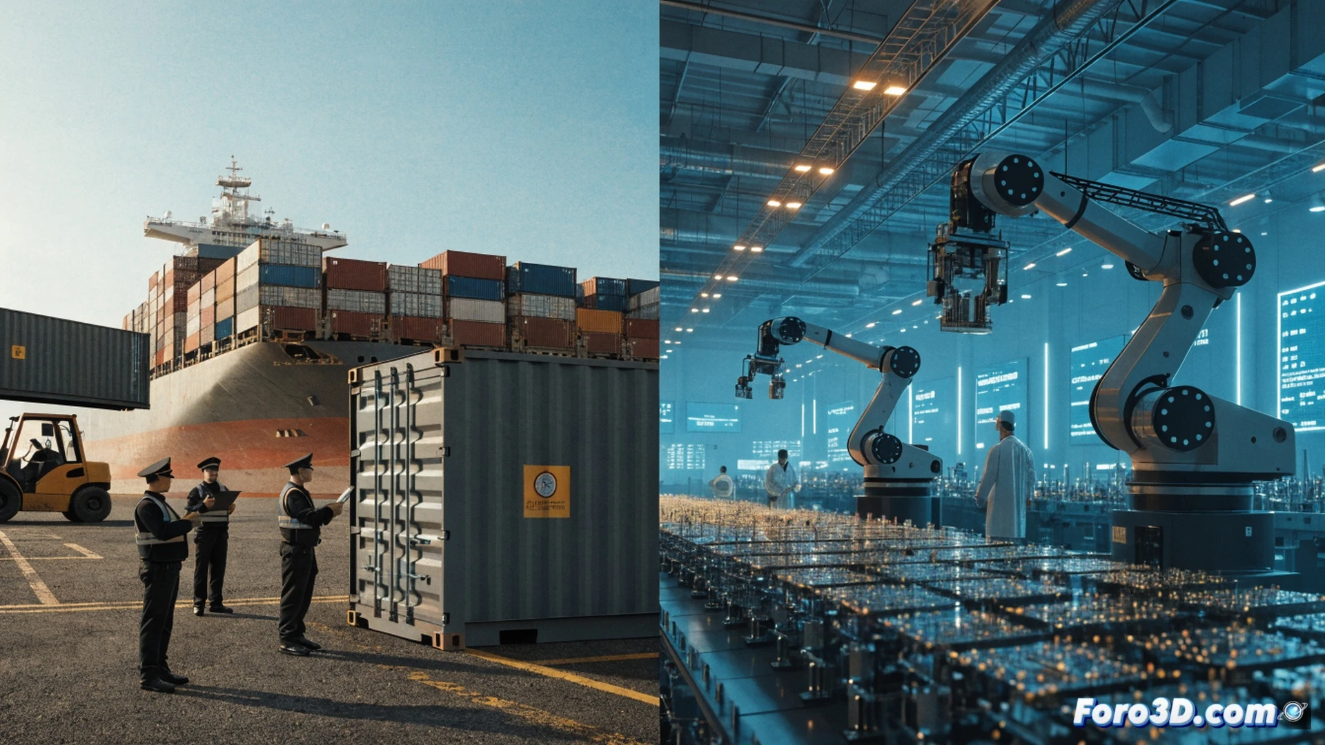 European Union and United States flags flanking a split-screen scene, left side showing European factory workers loading crates marked 15 percent tariff onto cargo ship, right side displaying American industrial machinery and consumer electronics arriving at European port duty-free, container ship in background crossing Atlantic, customs officials inspecting goods, warehouse with stacked pallets of tech products and mechanical components, cinematic photorealistic style, dramatic golden hour lighting, detailed shipping cranes and cargo containers, economic trade visualization, ultra-realistic textures on metal and plastic packaging, wide-angle lens capturing scale of transatlantic commerce