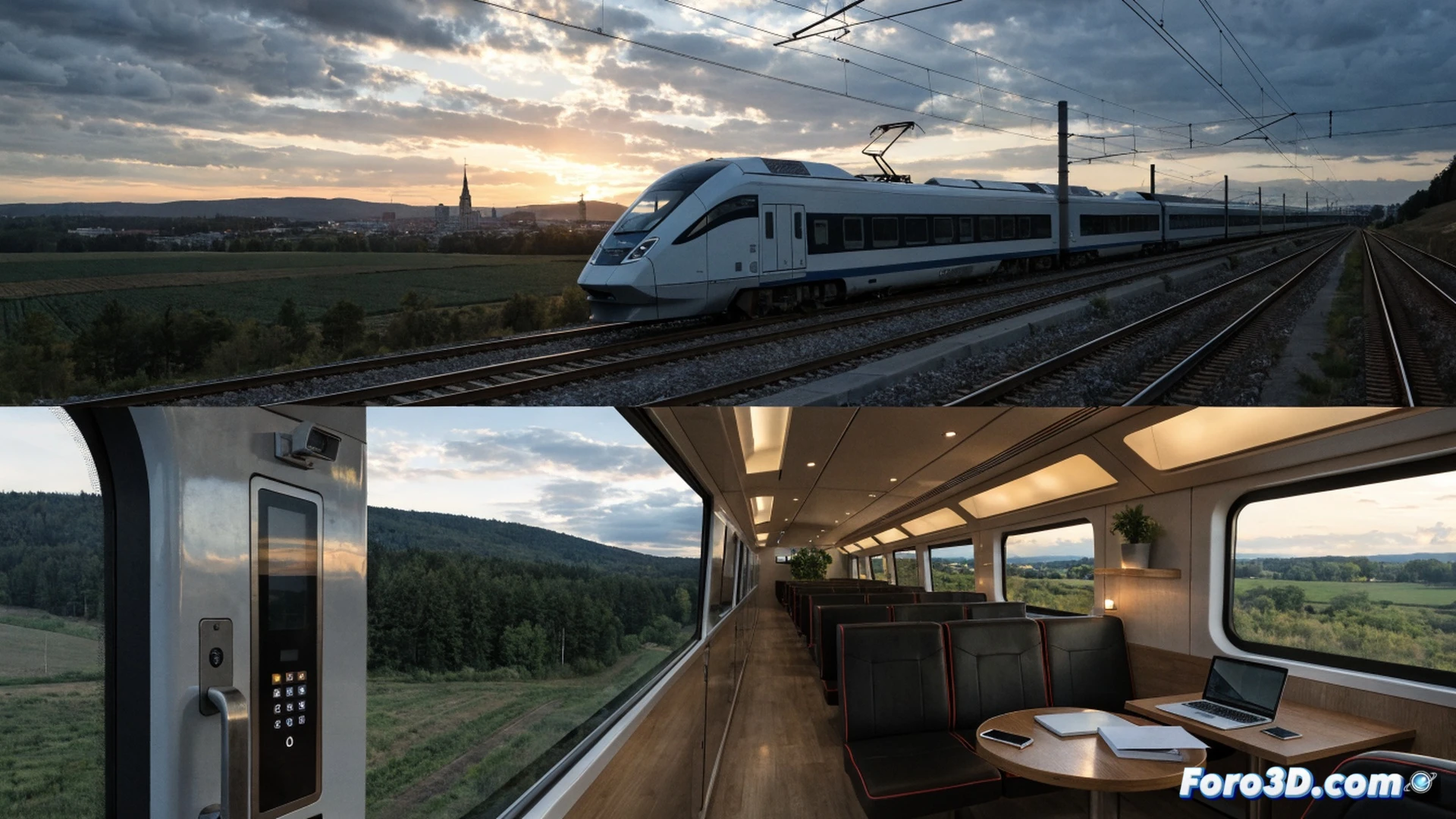 Modern regional train crossing a European countryside bridge, train interior visible through windows showing passengers using laptops connected to charging ports, wifi icon glowing on train exterior panel, route map with major cities and 1300 km distance marker, sunset lighting on metallic train body, motion blur on wheels, clean aerodynamic design, realistic European rail infrastructure, photorealistic cinematic style, detailed mechanical components undercarriage, dramatic golden hour lighting, ultra-sharp focus on train front and tracks