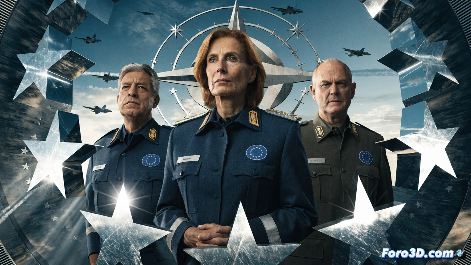 European Union diplomatic building interior, three senior officials standing around a holographic NATO map showing defensive perimeters, Kajsa Ollongren pointing at a data overlay while Matti Maasikas and David Cvach examine encrypted communication terminals, cyber defense dashboards glowing in background, reinforced steel doors visible, cinematic photorealistic technical visualization, dramatic blue and amber lighting, polished concrete walls, security screens displaying real-time threat analysis, military-grade hardware on desks, hyper-detailed textures, wide-angle lens perspective, high contrast shadows