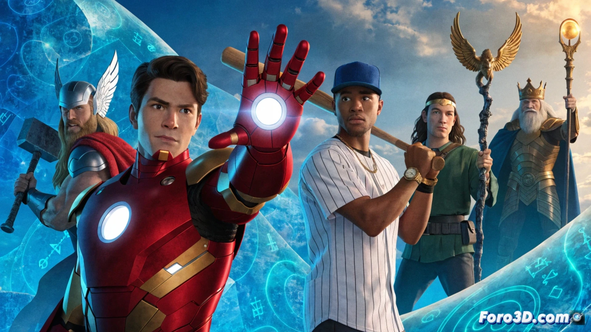 Marvel Iron Man and his Awesome Friends animated scene, Tony Stark in kid-friendly armor examining a glowing holographic circuit board floating above his workbench, robotic arm handing him a small gear component while Thor s hammer Mjolnir sparks with electricity nearby, Loki mischievously adjusting a control panel, Odin observing from a glowing portal, baseball player Mookie Betts hologram appearing mid-swing, colorful technical gadgets and tools scattered across the lab, bright Disney Junior animation style, soft friendly lighting, clean cel-shaded textures, action showing teamwork and problem-solving, whimsical engineering workshop atmosphere