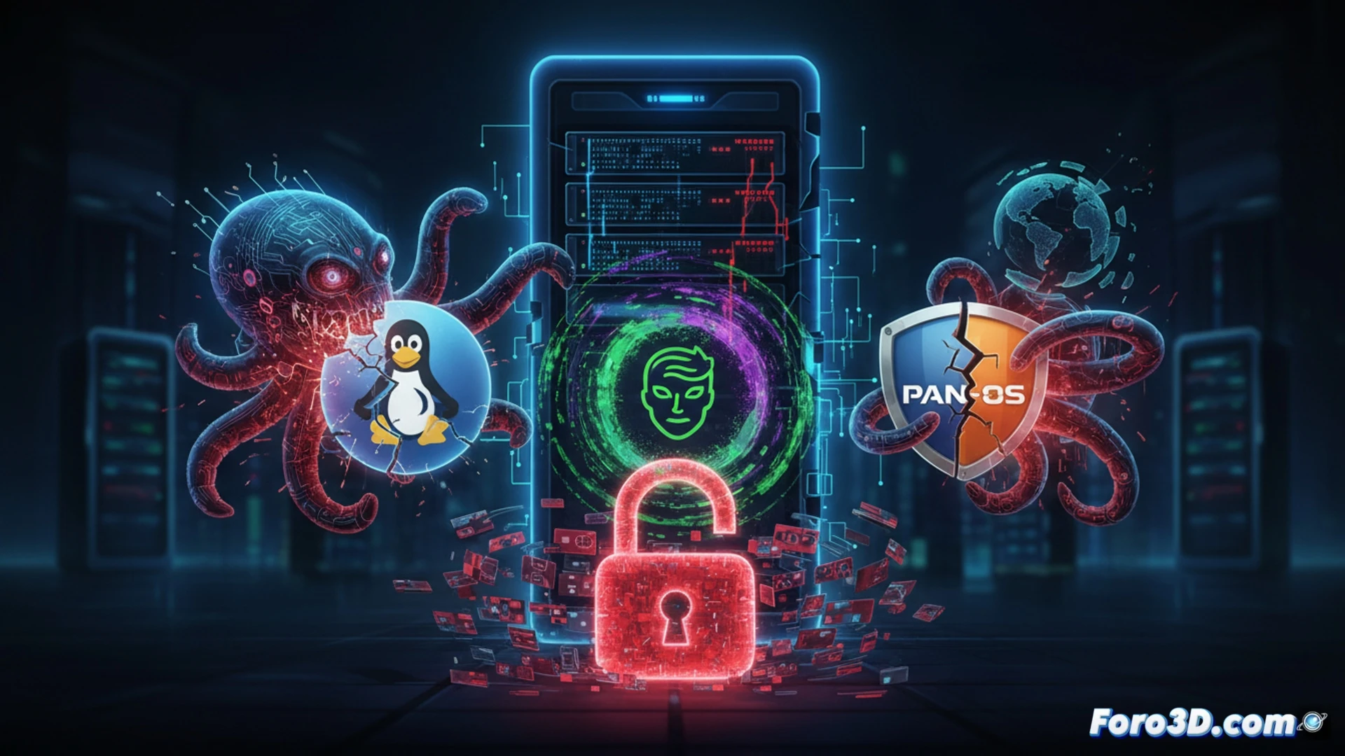 Cinematic technical illustration showing a Linux terminal screen cracking with red alert lines while a PAN-OS firewall panel displays unauthorized access attempts, a glowing AI-generated phishing email opening on a laptop beside a compromised OAuth login page, malicious code streams flowing from a cracked smartphone toward a server rack, dark cybersecurity atmosphere with blue and red neon highlights, photorealistic engineering visualization, digital debris particles floating around compromised hardware, dramatic low-key lighting emphasizing the breach process