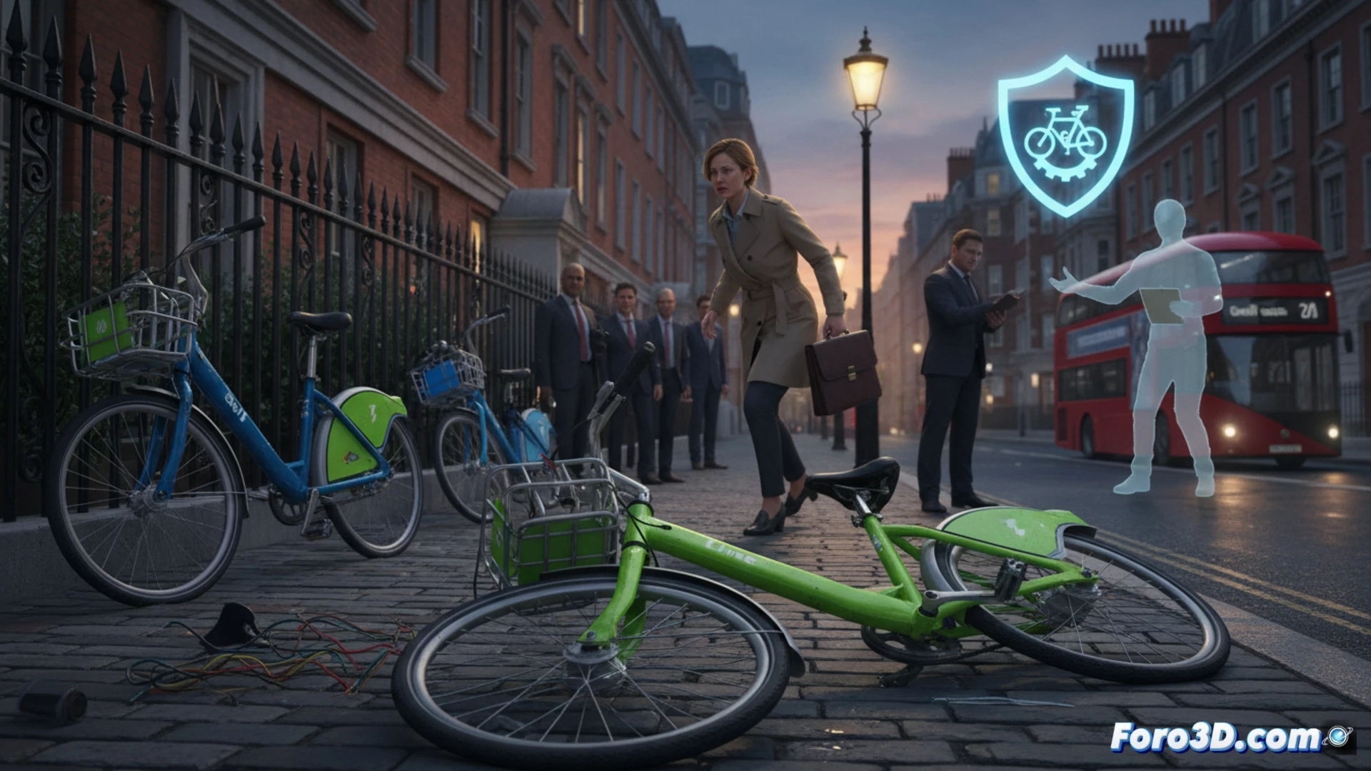 urban street scene at night, a Lime e-bike and a Bolt e-bike abandoned on a narrow pavement, both half-blocking a residential entrance door, a pedestrian in business attire stepping around them with visible frustration, a Transport for London enforcement officer in high-vis vest holding a digital tablet showing a regulatory dashboard with fine options, the officer pointing at the bikes while a council van parks nearby, photorealistic technical illustration, cinematic lighting from streetlamp casting long shadows, realistic materials and textures on the bike frames and pavement, ultra-detailed urban environment, dramatic contrast between the dark street and glowing tablet screen