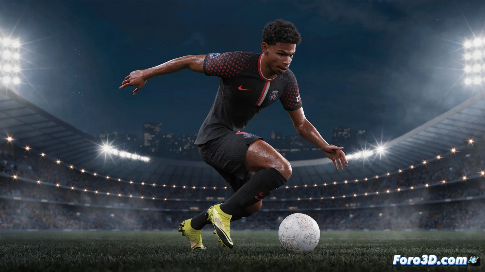 Nuno Mendes lateral izquierdo PSG en máxima aceleración durante un regate ofensivo, botas generando chispas sobre césped sintético con líneas tácticas superpuestas, datos de velocidad punta y frecuencia de zancada mostrados como gráficos flotantes en estilo wireframe, ilustración técnica cinematic, luces de estadio contrastando con el verde del campo, textura de césped y sudor visibles, profundidad de campo reducida, render fotorrealista de ingeniería deportiva
