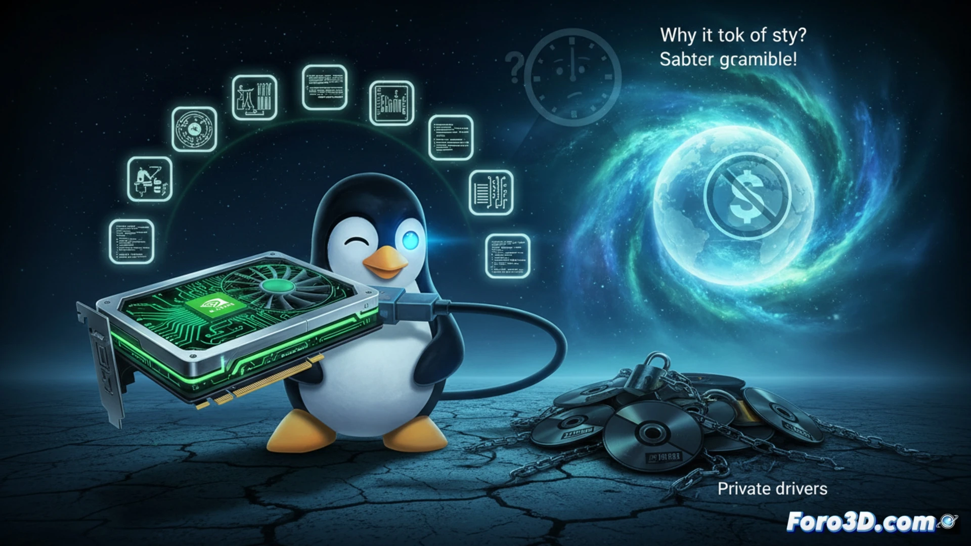 Un pingüino Tux sostiene una GPU NVIDIA radiante, rodeado de doce parches numerados que caen como hojas, simbolizando la apertura gradual de los drivers en Linux.