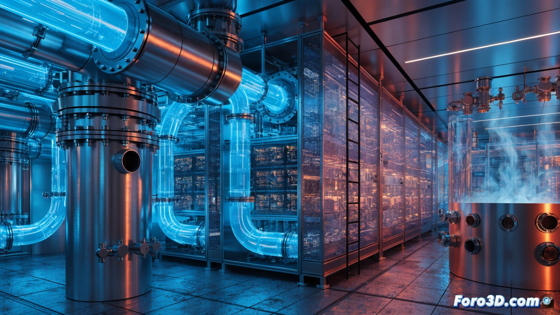 Nvidia data center interior, rows of server racks with transparent blue coolant tubes circulating liquid, steam rising from cooling plates, zero water waste system in action, AI chips glowing on motherboards during high-performance computing, thermal engineering visualization, cold plates attached directly to processors, heat exchangers transferring energy, minimalist industrial design, bright white LED lighting reflecting off metallic surfaces, photorealistic technical illustration, dramatic contrast between hot components and cool liquid flow, sustainable infrastructure concept