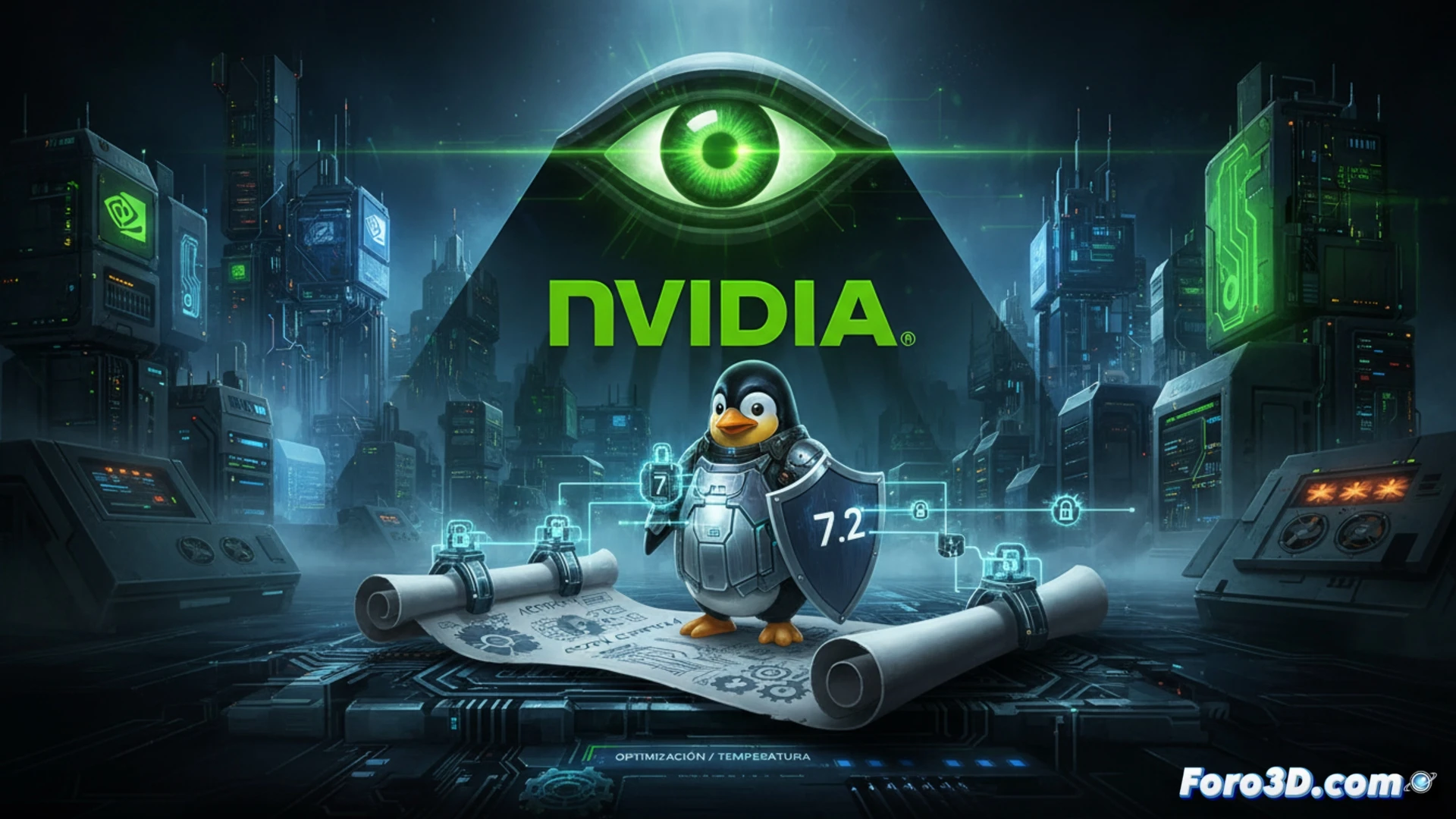 NVIDIA logo-shaped motherboard chip glowing intensely while a Linux kernel gear mechanism is slowly wrapped by metallic ACPI CPPC v4 chains, system overheating warning indicators flash red around a processor die, a robotic hand tightening proprietary lock clamps onto open-source circuit traces, cooling fan blades struggle against viscous golden liquid dripping from the chip, cinematic engineering visualization, dark server room background, dramatic orange-blue lighting contrast, photorealistic technical illustration, macro lens focus on chip surface details, smoke wisps rising from overheated VRM components