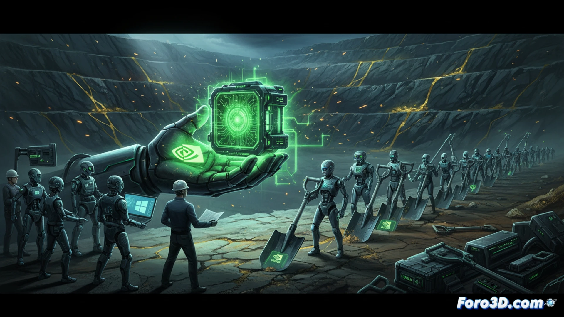 Nvidia GPU chip being inserted into a Windows handheld console prototype, robotic assembly arm holding the chip above an open motherboard, glowing circuit traces connecting to cooling fans and battery cells, scattered blueprints of portable PC designs on a workbench, mining tools and gold nuggets discarded in background symbolizing sold shovels, dramatic spotlight on the chip transfer process, cinematic engineering visualization, metallic reflections, dust particles illuminated, photorealistic industrial render