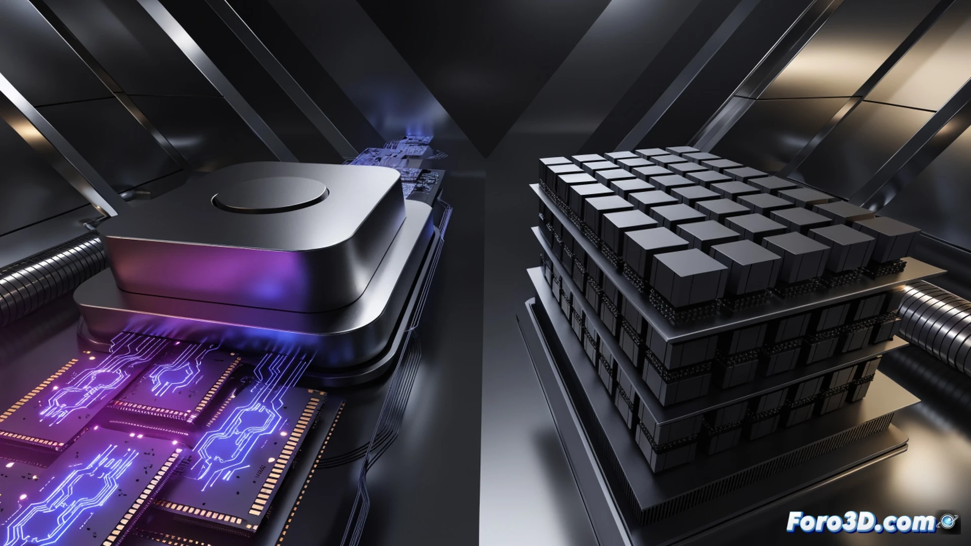 NVIDIA Vera y Ampere Altra Max procesadores ARM enfrentados en una estación de trabajo doméstica, Vera con disipador compacto y memoria LPDDR5X brillando en azul, Altra Max mostrando su matriz de 128 núcleos y etiqueta de 183W, cables de datos y herramientas de ensamblaje sobre una mesa de servidor DIY, humo térmico simulado elevándose durante la prueba de estrés, pantalla de monitor mostrando gráficos de rendimiento comparativo, estilo photorealistic engineering visualization, iluminación dramática de laboratorio, texturas metálicas detalladas, reflejos en contactos dorados, fondo con estantería de hardware