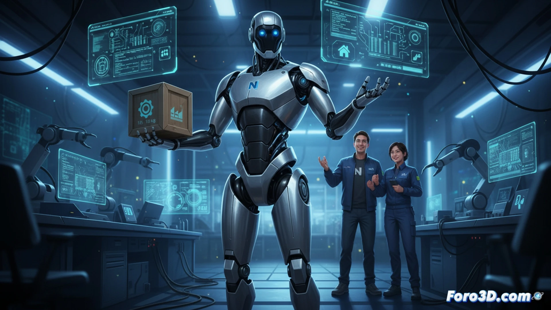 Un robot humanoide metálico de 1.80 metros, con diseño ergonómico y luces LED azules, levanta una caja mientras interactúa con sensores y pantallas holográficas en un entorno de fábrica futurista.