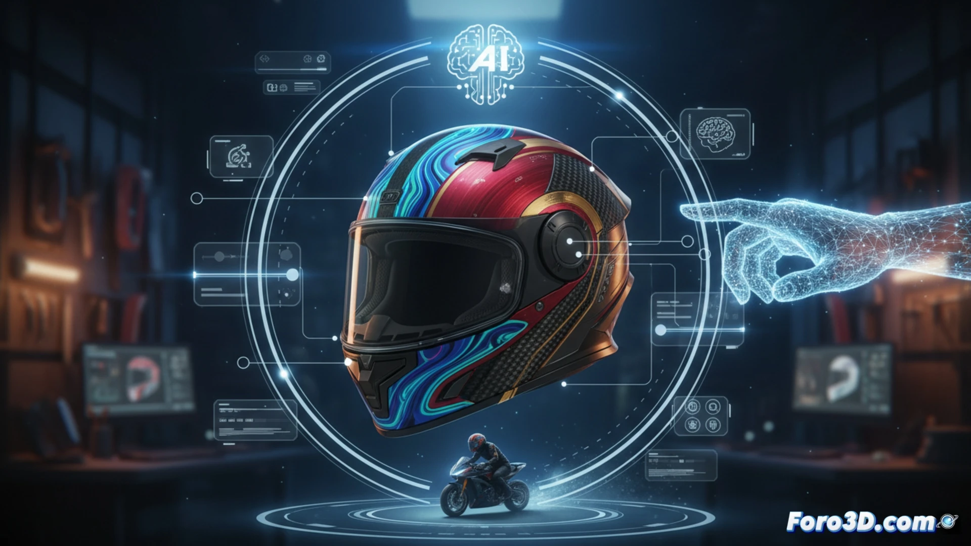 highly detailed 3D motorcycle helmet configurator interface on a large screen, user hand moving a cursor to drag a geometric pattern across the helmet surface, real-time AI rendering updating the carbon fiber texture and color split, floating holographic adjustment sliders for gloss level and decal placement, helmet rotating slowly in a virtual light studio, hard shadows and specular reflections on the glossy shell, photorealistic engineering visualization, clean white background with subtle grid overlay, cinematic studio lighting, ultra-sharp technical details on visor hinge and ventilation slots