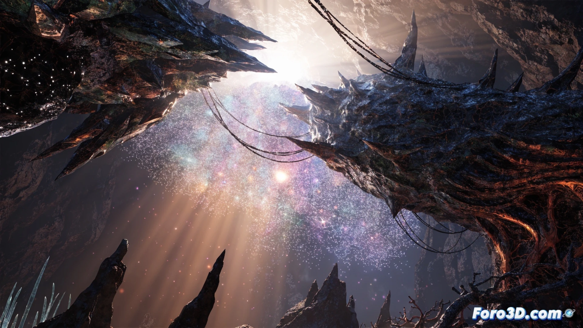 low-poly island floating in a digital void, particle system emitting thousands of glowing blue and orange sparks cascading into a detailed terrain, real-time LOD generation visibly switching polygon levels on distant trees and rocks, color grading curve interface window floating mid-air with gradient adjustments, open-source engine editor panels showing node-based material graph and particle emitter settings, cinematic technical visualization, volumetric fog between layered terrain chunks, sharp focus on particles transitioning from dense clusters to sparse trails, dynamic lighting with warm sunset tones contrasting cool engine UI, photorealistic yet stylized indie game development aesthetic