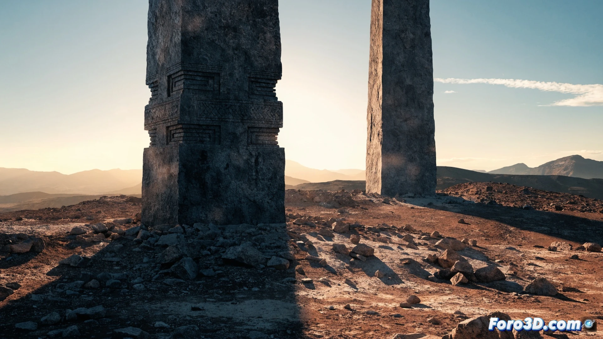 ancient granite monolith rising from rocky Ethiopian highlands, workers using ropes and wooden levers to tilt the 500-ton obelisk into position, precisely carved stone base showing interlocking joints, no wheels or cranes present, dramatic golden sunset casting long shadows, dust particles suspended in air, weathered chisel marks visible on smooth surfaces, cinematic photorealistic engineering visualization, ultra-detailed stone texture, wide-angle shot emphasizing scale, warm earthy tones, atmospheric haze in distance