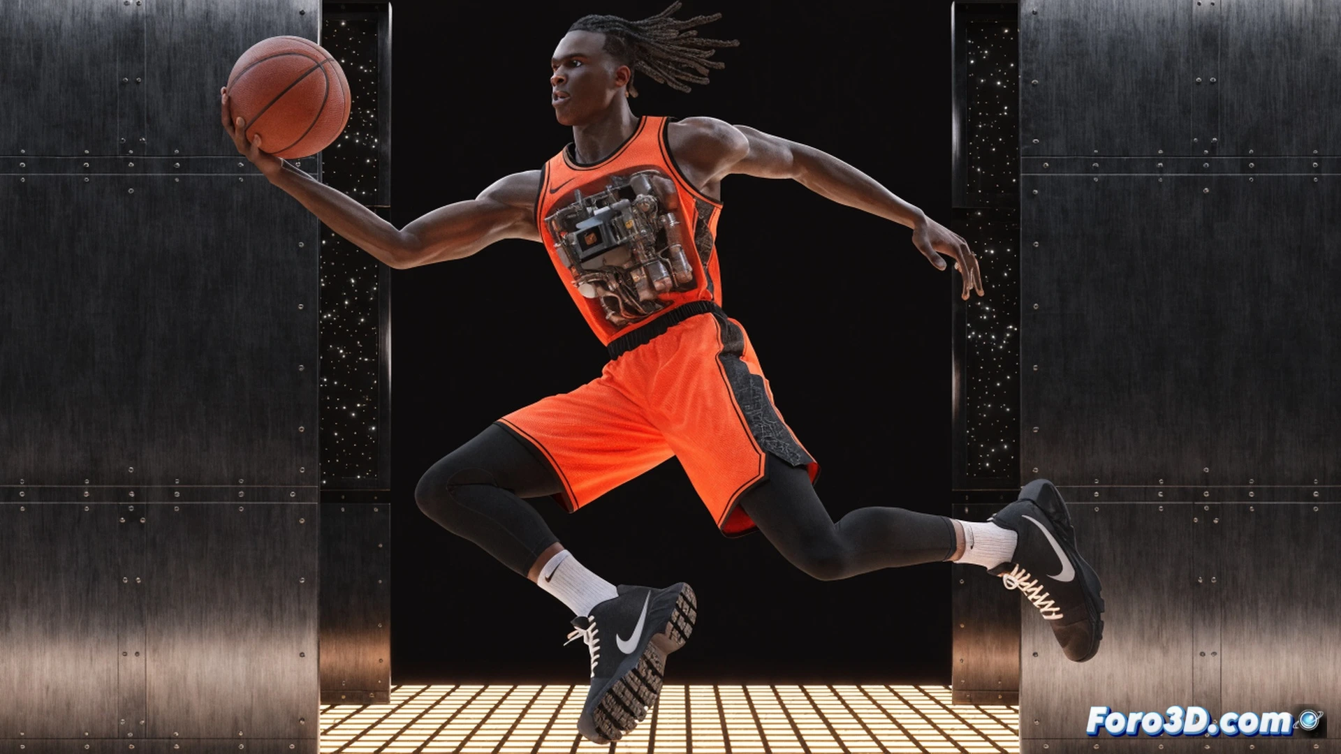 biomechanical 3D scan of Obi Toppin mid-air during a fast break, left leg exploding upward with visible muscle fiber tension lines, right arm reaching for an alley-oop, lower body highlighted in red thermal gradient showing explosive vertical motor, upper chassis in blue with overheating warning indicators near the defensive stance, holographic wireframe overlay displaying torque vectors and joint angles, engineering visualization style, dark studio background with rim lights, photorealistic technical render, metallic skeletal structure, motion blur on the basketball, ultra-detailed muscle striations, cinematic dramatic lighting