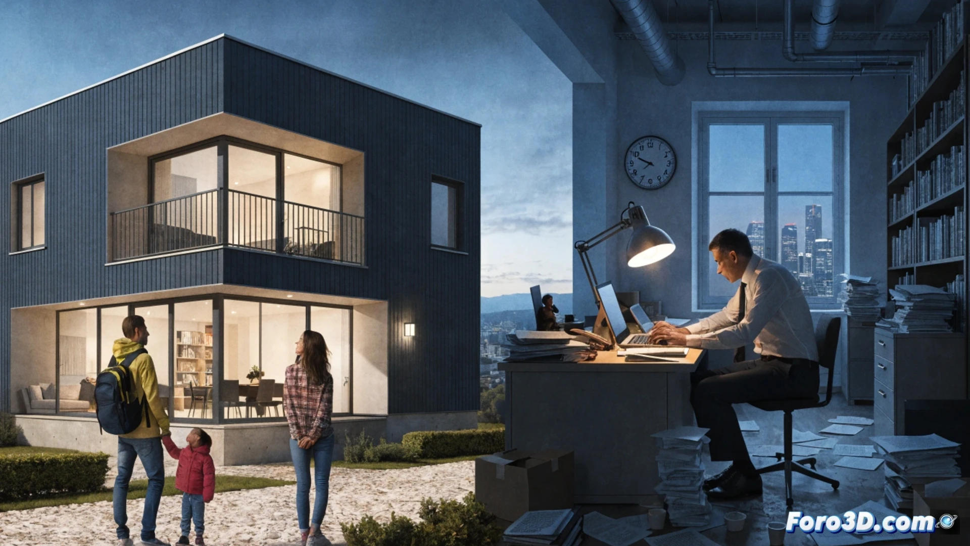 Cinematic visualization of a crumbling house-shaped piggy bank, shattered ceramic pieces falling onto a pile of stacked euro coins, a digital salary calculator screen showing eight years countdown in the background, floating red downward arrows representing stagnant wages, blue upward spikes for housing prices, photorealistic technical illustration, dramatic shadow lighting, cracked foundation details, metallic coin reflections, ultra-detailed economic data visualization, dystopian urban landscape faintly visible through broken window frame, motion blur on falling debris, cold industrial color palette