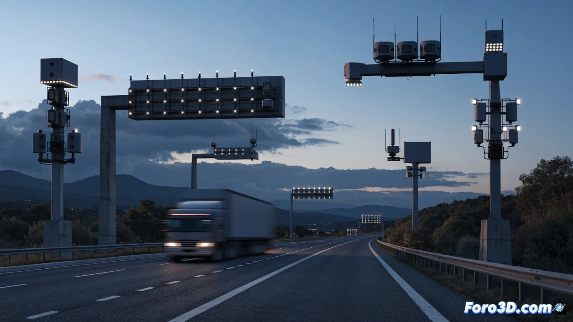 AP-7 highway in Catalonia at night, eight overhead gantry structures with integrated weight sensors and camera arrays, a large truck being scanned while moving at high speed, glowing red laser measurement lines crossing the vehicle, digital license plate recognition system active on the gantry, tactical data screens showing vehicle weight and inspection results, Mossos police car waiting on the side, LED traffic panel displaying warning symbols, cinematic engineering visualization, photorealistic technical illustration, cool blue and amber industrial lighting, ultra-detailed mechanical components, motion blur on the truck wheels, sharp focus on the sensor beams and control electronics