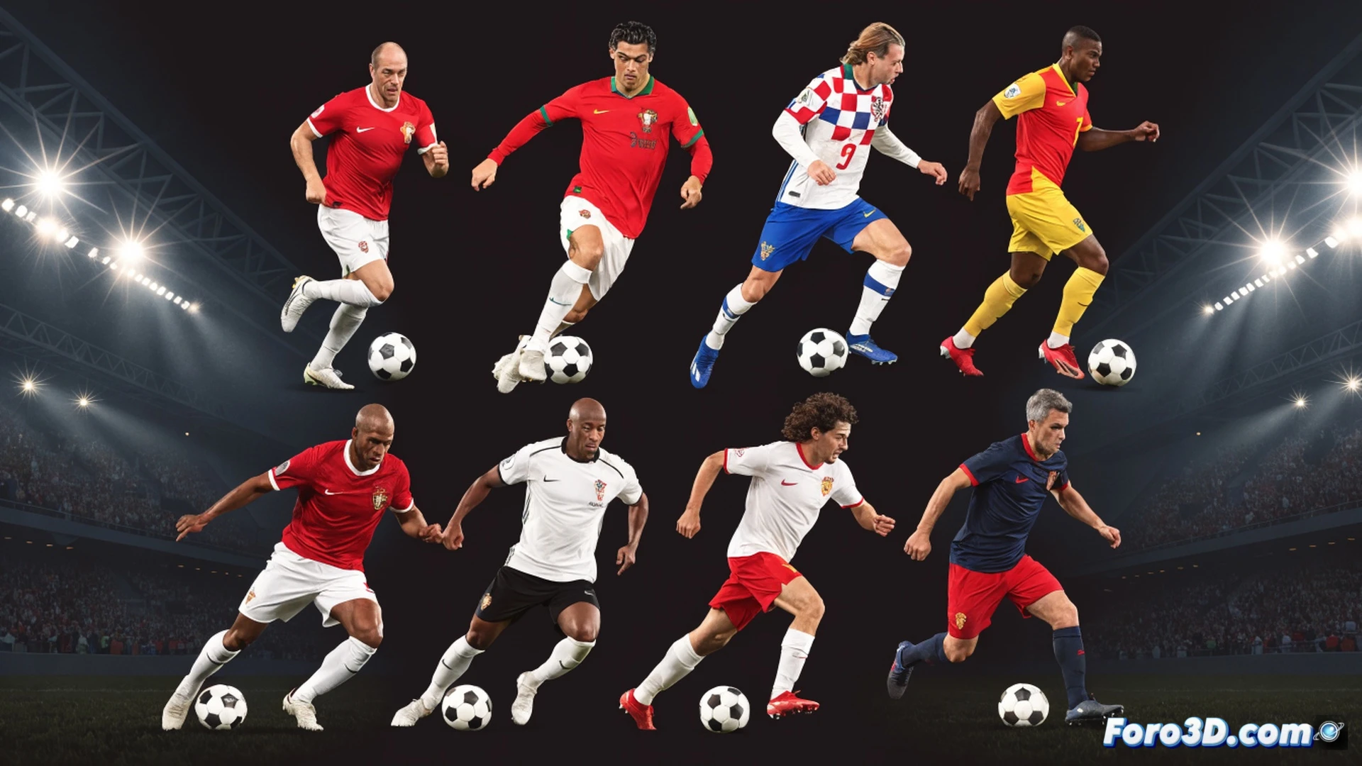 four elite football players over 40 in dynamic match action, Cristiano Ronaldo executing a powerful volley while Luka Modric controls the ball with precise footwork, Edin Dzeko shielding an opponent near the penalty area, stadium floodlights casting dramatic shadows on the pitch, sweat droplets frozen mid-air during a sprint, high-speed motion blur on the ball and players legs, photorealistic sports photography style, ultra-detailed muscle definition and jersey fabric texture, depth of field blurring the background crowd, cinematic lighting with golden hour tones, demonstrating peak physical condition and technical mastery