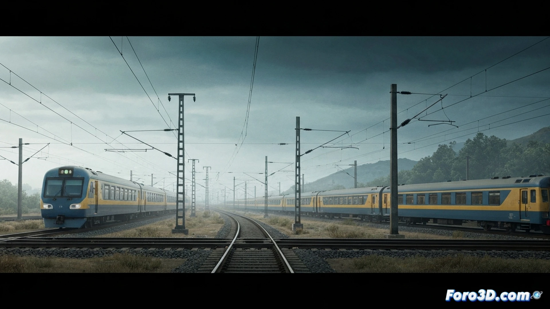 Photorealistic technical illustration of a railway blockage scene, multiple freight wagons derailed and piled up across train tracks, a modern passenger train stopped abruptly just meters away from the wreckage, sparks flying from locked steel wheels on rails, broken coupling chains hanging loose, crushed ballast stones scattered, signal post showing red light in the background, overcast sky with dramatic shadows, muddy terrain, mechanical components like brake discs and hydraulic pistons visible on the derailed wagons, cinematic industrial lighting, ultra-detailed metal textures, engineering visualization style, no text or numbers