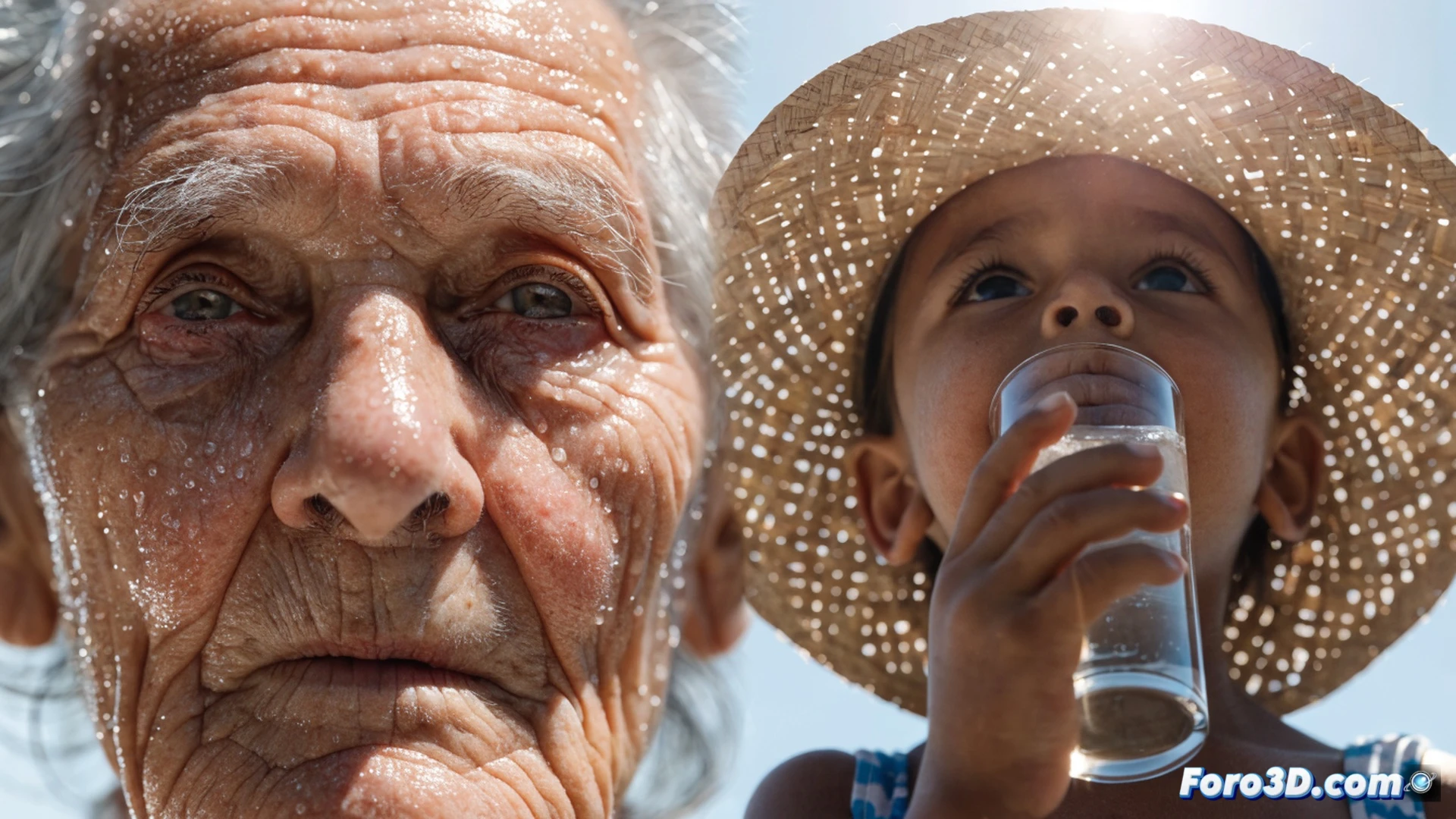 photorealistic scene of an elderly person and a child resting in shaded urban area during extreme heatwave, digital thermometer displaying 40°C on a nearby wall, water bottle being handed over with condensation droplets visible, sun casting harsh shadows on empty street, technical health advisory visualization, cinematic lighting with high contrast between bright sunlight and cool shade, sweat drops on skin, reflective sunglasses showing distorted cityscape, ultra-detailed textures of heat haze rising from asphalt, realistic medical caution atmosphere, no text or numbers on image, dramatic summer heatwave warning visual