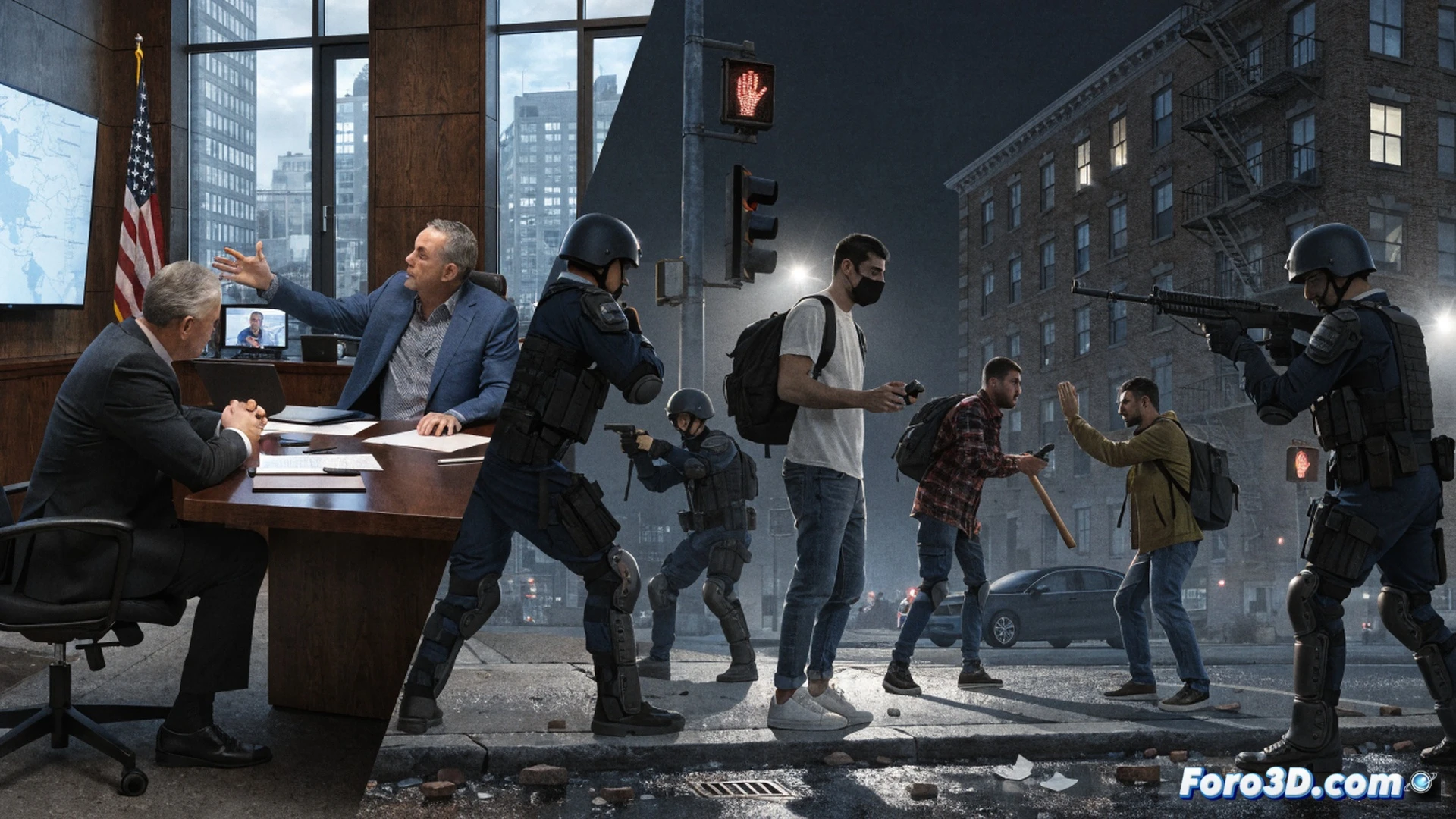 cinematic street scene showing a smashed storefront window with scattered religious books and broken prayer beads on wet pavement, a hooded figure running away while a police car arrives with flashing blue lights in background, contrast between official tolerance speeches and real violence, photorealistic urban night setting, dramatic shadows from street lamps, shattered glass reflecting emergency lights, wet asphalt with puddle reflections, gritty documentary style, ultra-detailed textures of debris and police gear, tense action frozen in time, realistic lighting with high contrast