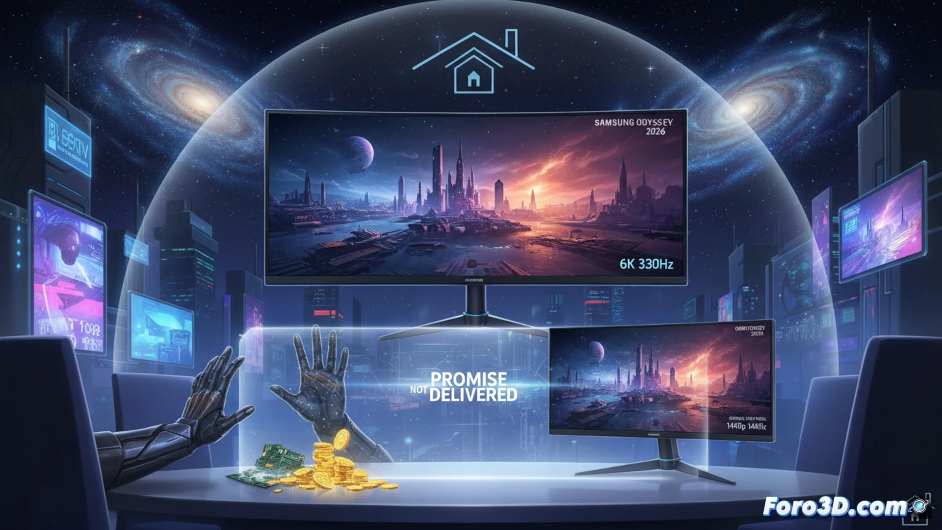 cinematic product launch scene, glossy black Samsung Odyssey monitor array on stage, central 6K OLED display showing flawless high-resolution mountain landscape while adjacent budget models display grainy pixelated test patterns, marketing executive gesturing toward premium monitor with dramatic spotlight, technical specification sheet being torn apart revealing fine print magnified under a magnifying glass revealing reduced refresh rates on lower-tier models, photorealistic tech exhibition lighting, reflective glass surfaces, metallic stands, subtle motion blur from audience heads turning, ultra-detailed monitor bezels and cable management, engineering visualization style