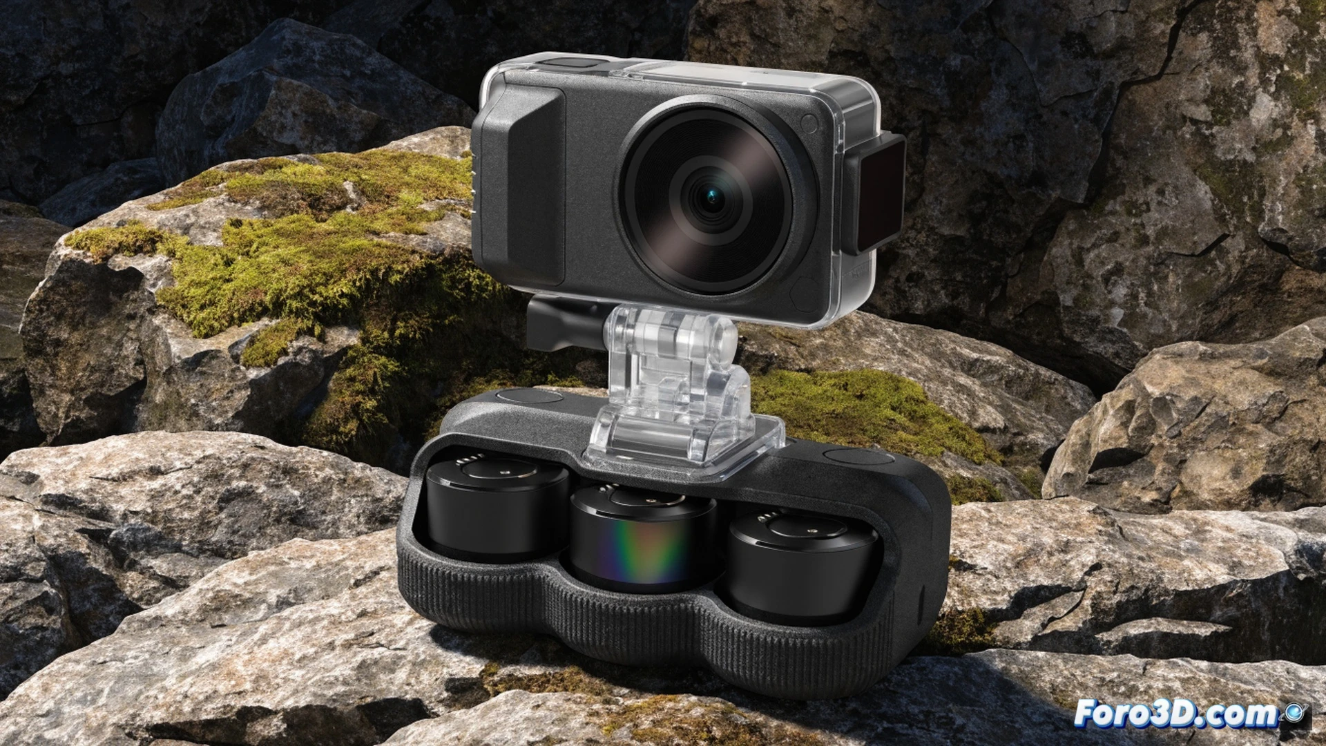 action camera mounted on mountain bike handlebar during high-speed forest descent, camera screen displaying 4K 120fps recording mode, three spare batteries arranged on charging dock beside the trail, gopro-style stabilization icon visible on device, sunlight filtering through trees creating dynamic shadows, cinematic action sports photography style, ultra-sharp lens reflection, rugged waterproof housing texture, mud splashes on camera body, intense motion blur on background trees, photorealistic technical product visualization, dramatic outdoor lighting, depth of field emphasizing camera and batteries in foreground