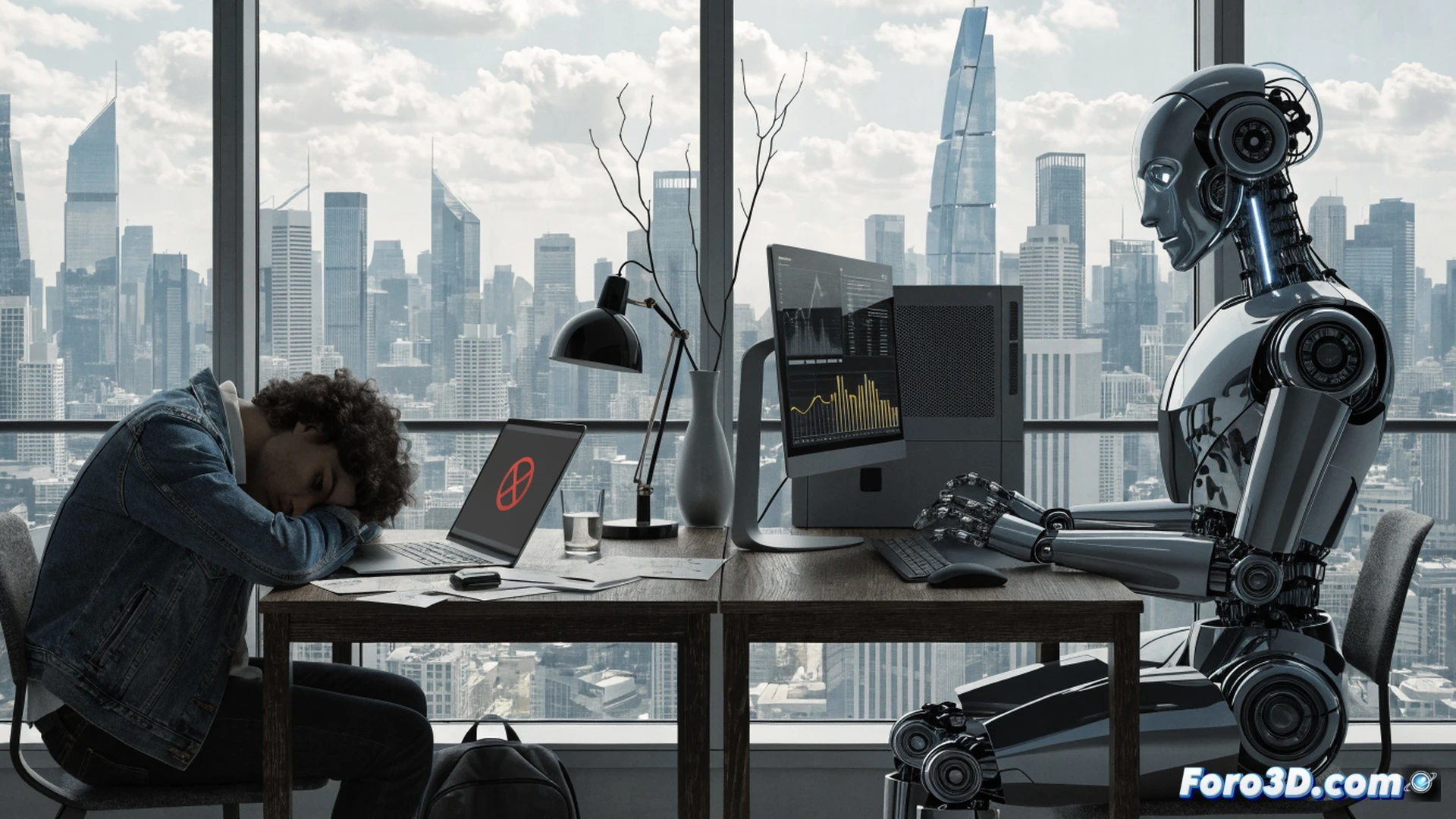 young graduate in professional attire staring at a laptop screen showing AI automation interface, office desk with marketing charts, financial spreadsheets, and coding IDE windows displayed on multiple monitors, a robotic arm gently removing a stack of entry-level job applications from the desk, while the graduate reaches for the empty space, dramatic office lighting, shadows cast by monitors, photorealistic cinematic style, deep focus on the interaction between human hand and robotic arm, subtle blue digital grid overlay on the background wall, ultra-detailed textures on keyboard and office equipment