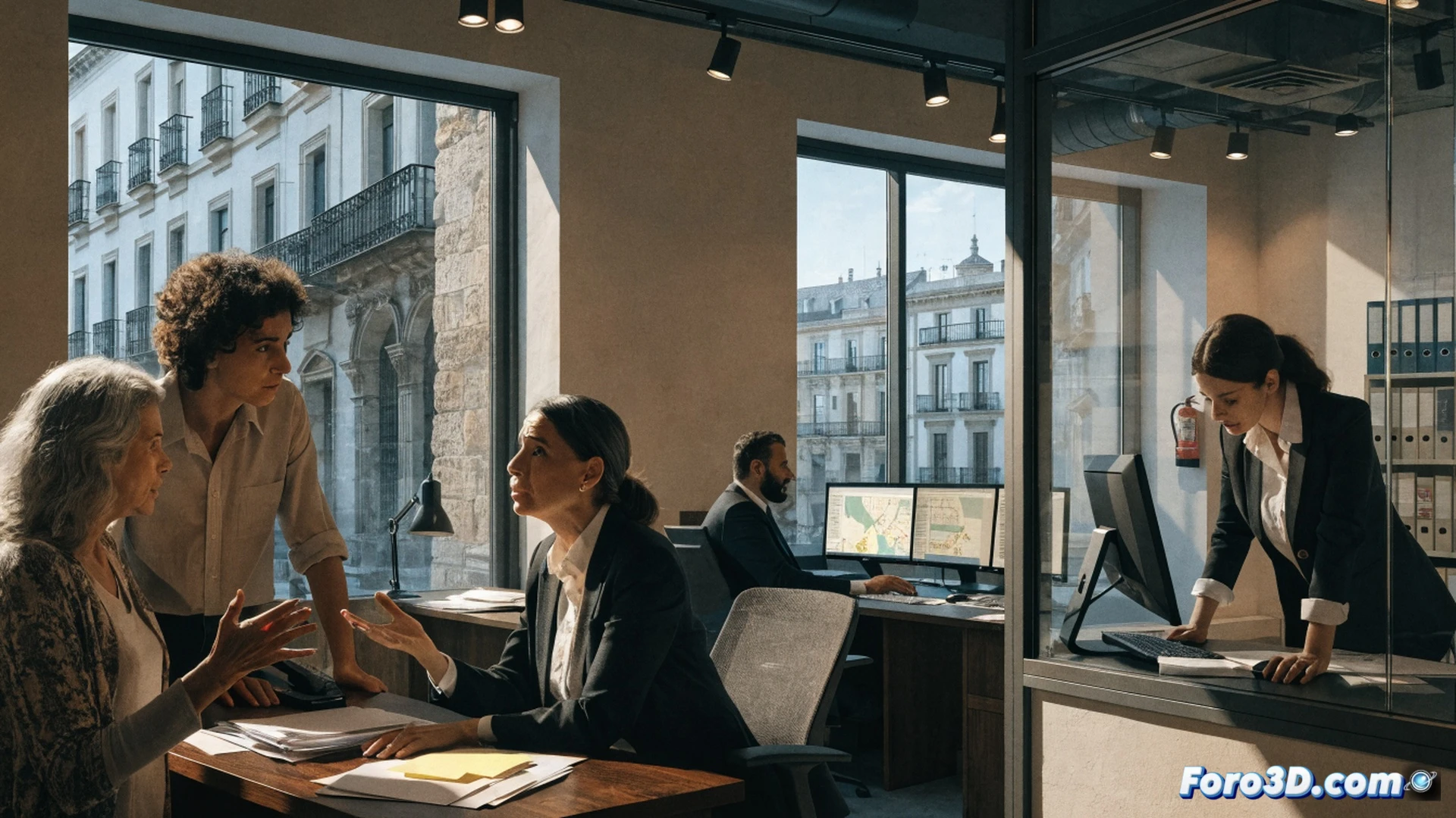 Photorealistic wide shot of a modern Spanish legal office interior, a worried middle-aged homeowner holding a property deed while a legal advisor points at a tablet showing a floor plan with a red warning overlay, secure filing cabinets and a computer monitor displaying a property database in the background, soft natural light from a window, warm professional atmosphere, cinematic composition, ultra-detailed textures on wood desk and leather chairs, technical illustration style, demonstrating the consultation process during a security assessment.